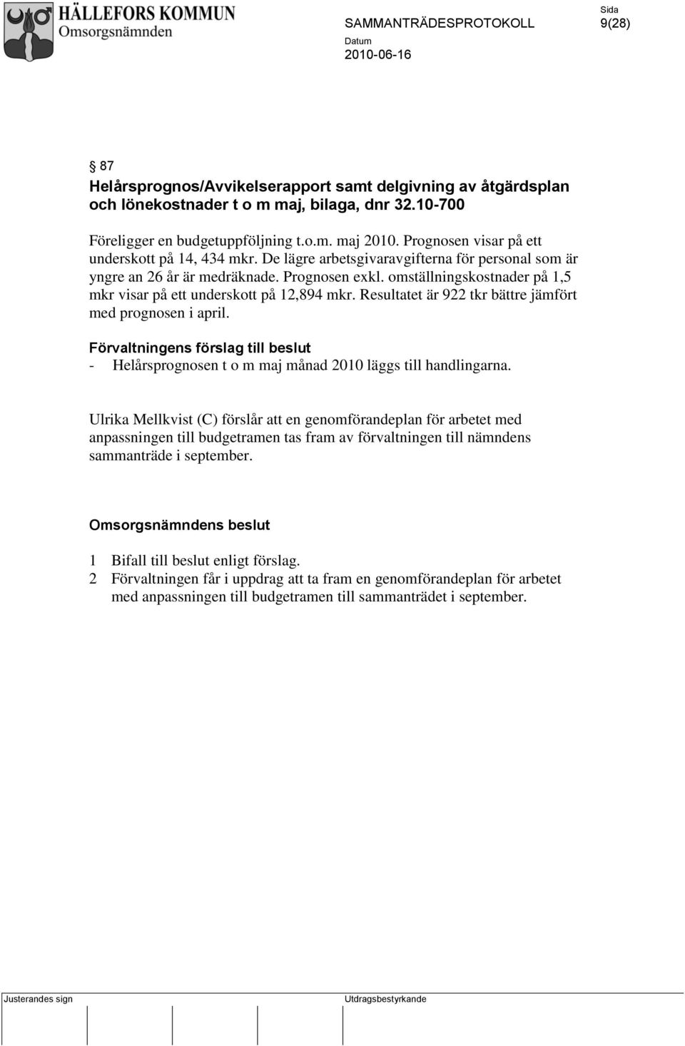 omställningskostnader på 1,5 mkr visar på ett underskott på 12,894 mkr. Resultatet är 922 tkr bättre jämfört med prognosen i april.