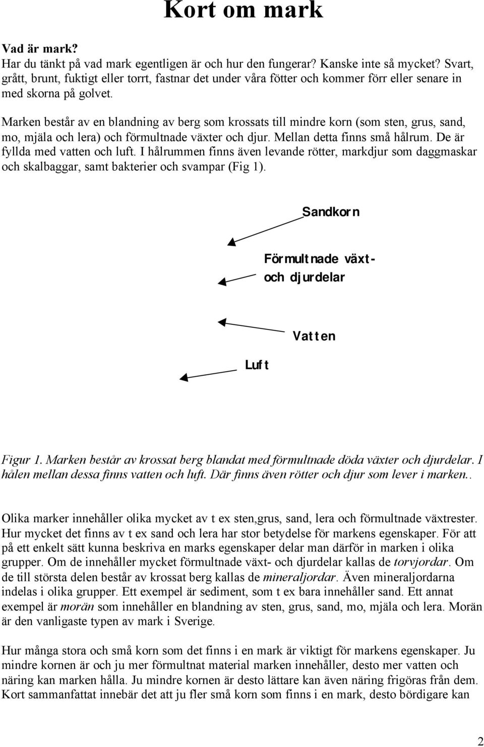 Marken består av en blandning av berg som krossats till mindre korn (som sten, grus, sand, mo, mjäla och lera) och förmultnade växter och djur. Mellan detta finns små hålrum.