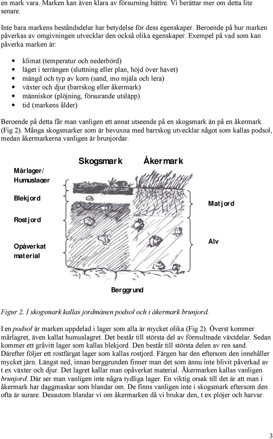 Exempel på vad som kan påverka marken är: klimat (temperatur och nederbörd) läget i terrängen (sluttning eller plan, höjd över havet) mängd och typ av korn (sand, mo mjäla och lera) växter och djur