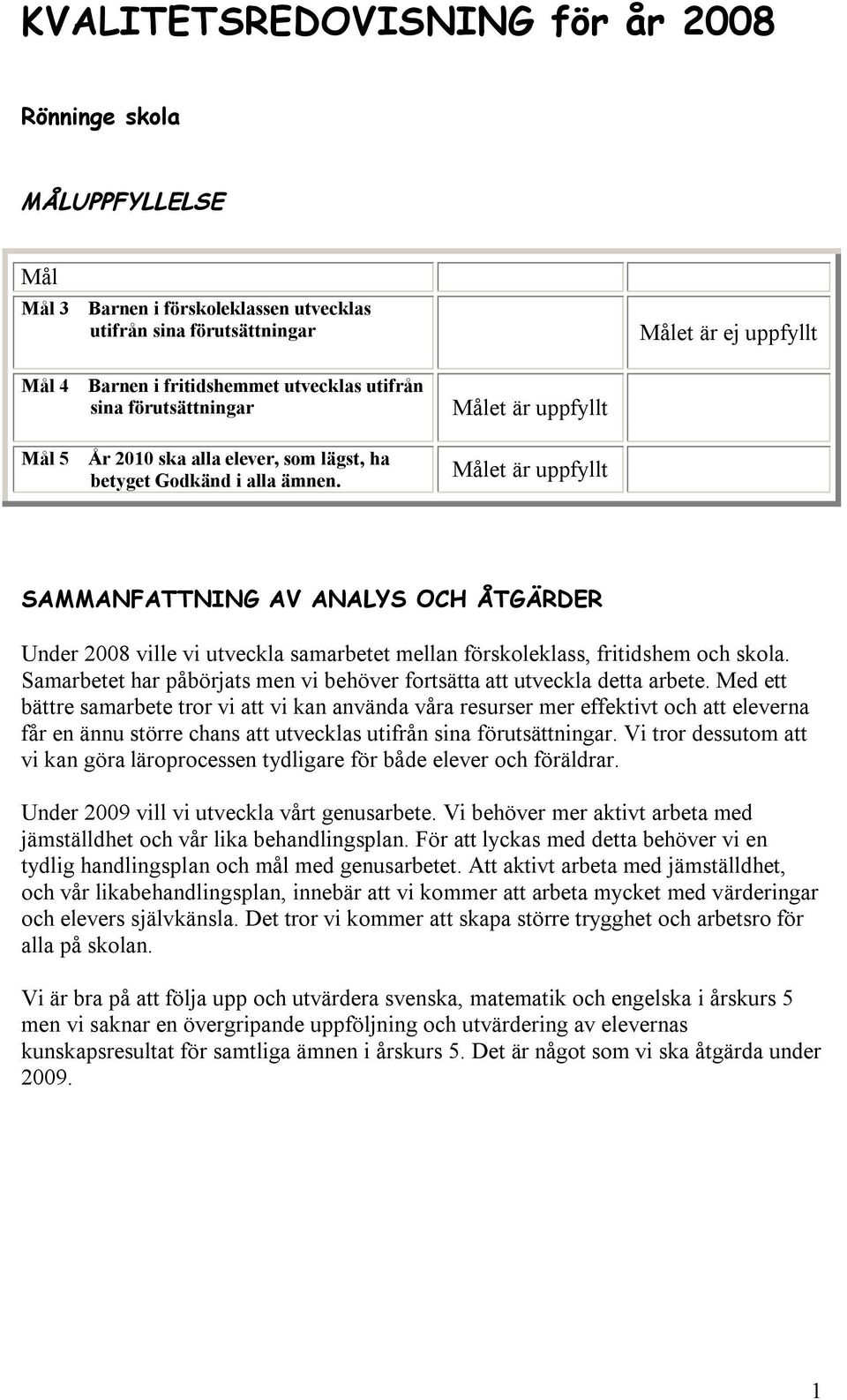 Målet är uppfyllt SAMMANFATTNING AV ANALYS OCH ÅTGÄRDER Under 2008 ville vi utveckla samarbetet mellan förskoleklass, fritidshem och skola.