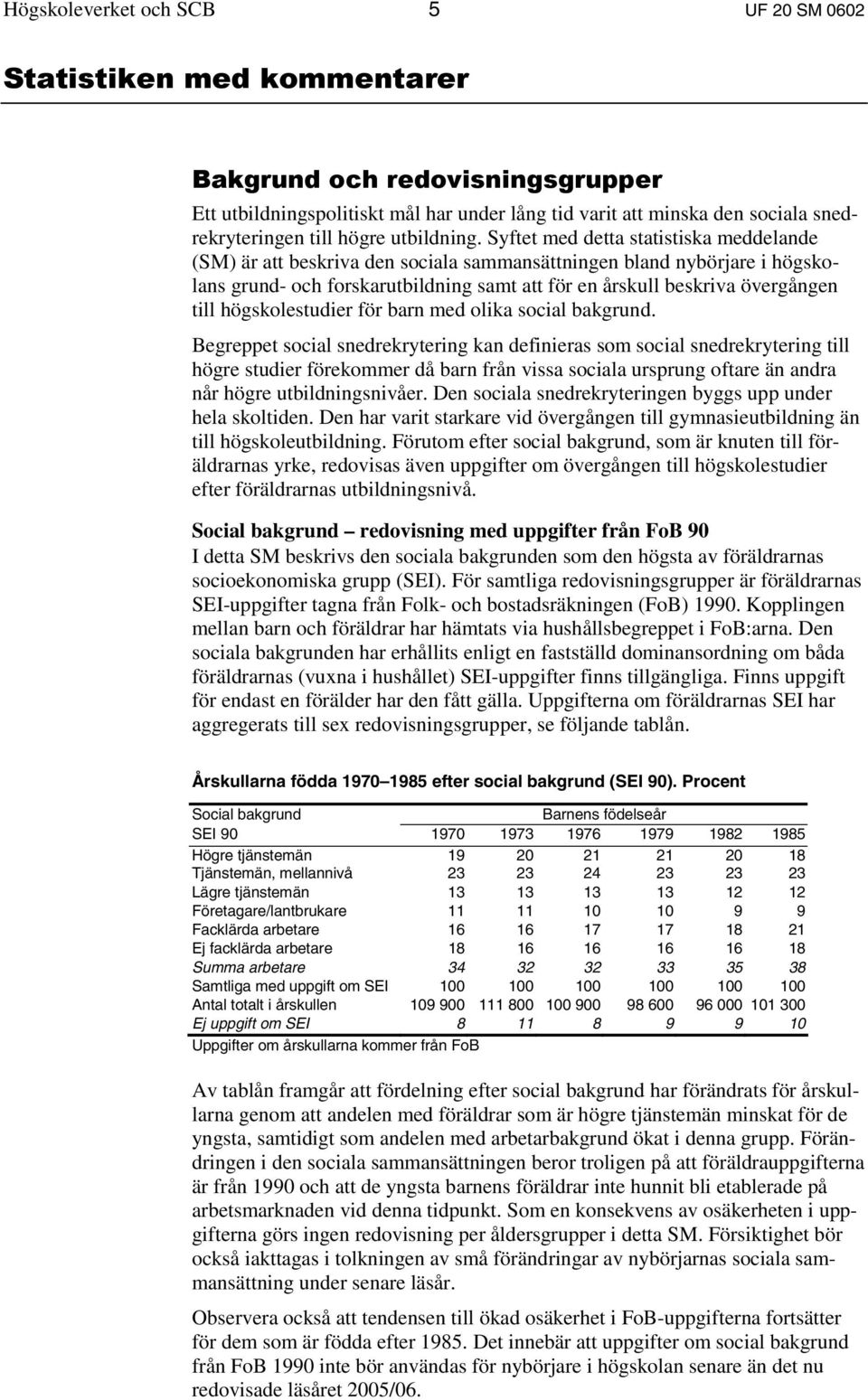 Syftet med detta statistiska meddelande (SM) är att beskriva den sociala sammansättningen bland nybörjare i högskolans grund- och forskarutbildning samt att för en årskull beskriva övergången till