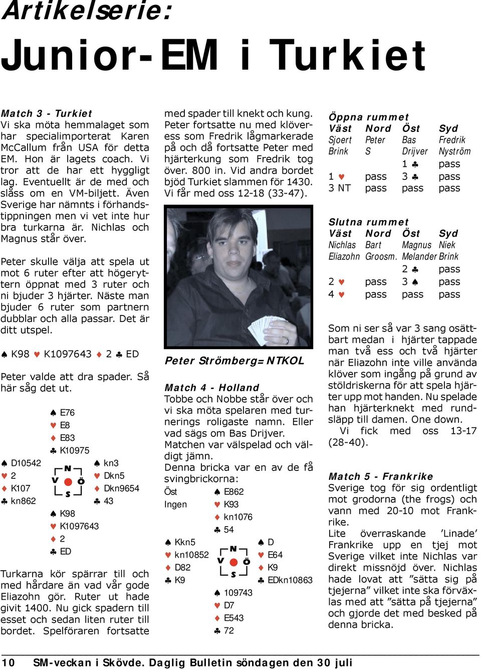 Peter skulle välja att spela ut mot 6 ruter efter att högeryttern öppnat med 3 ruter och ni bjuder 3 hjärter. Näste man bjuder 6 ruter som partnern dubblar och alla passar. Det är ditt utspel.