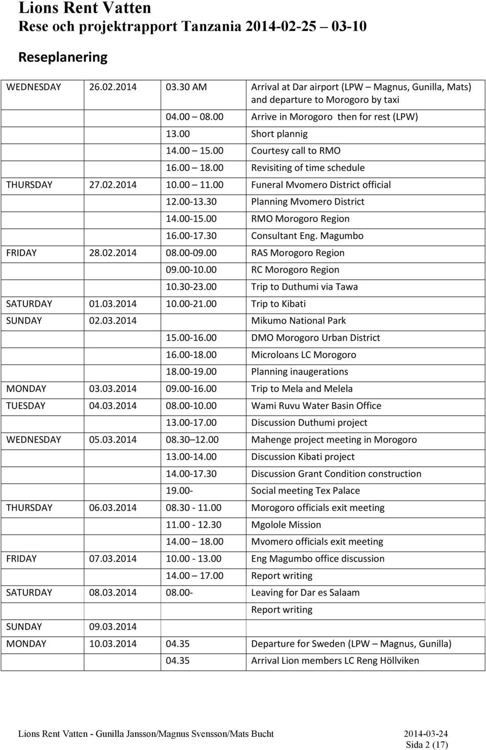 00-15.00 RMO Morogoro Region 16.00-17.30 Consultant Eng. Magumbo FRIDAY 28.02.2014 08.00-09.00 RAS Morogoro Region 09.00-10.00 RC Morogoro Region 10.30-23.00 Trip to Duthumi via Tawa SATURDAY 01.03.