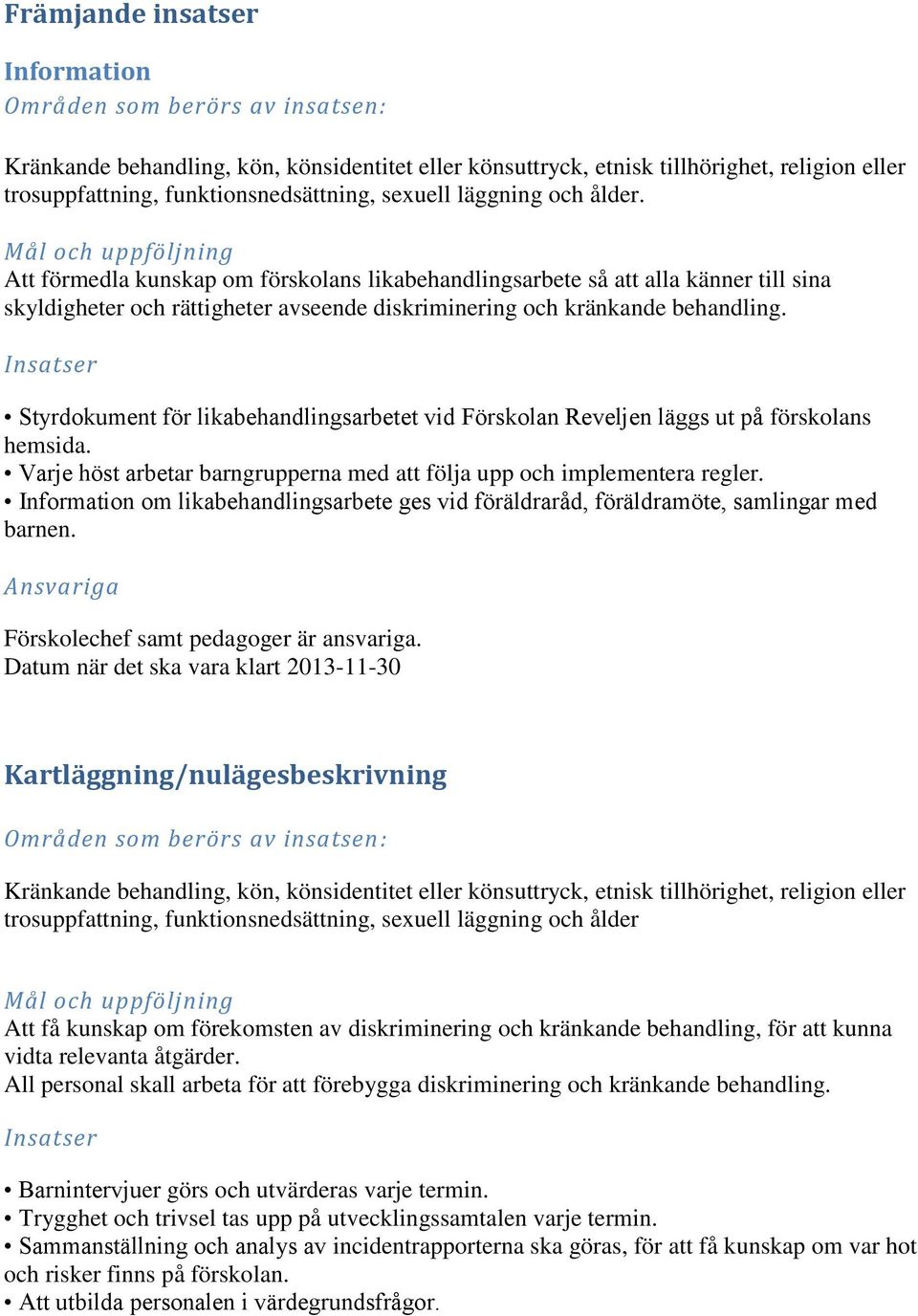 Styrdokument för likabehandlingsarbetet vid Förskolan Reveljen läggs ut på förskolans hemsida. Varje höst arbetar barngrupperna med att följa upp och implementera regler.