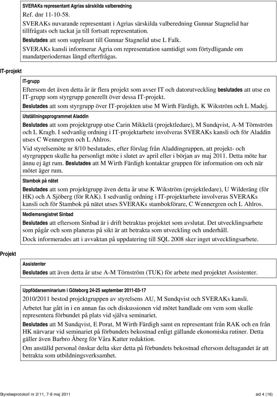 Beslutades att som suppleant till Gunnar Stagnelid utse L Falk. SVERAKs kansli informerar Agria om representation samtidigt som förtydligande om mandatperiodernas längd efterfrågas.