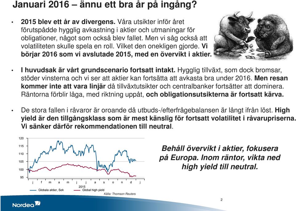 Hygglig tillväxt, som dock bromsar, stöder vinsterna och vi ser att aktier kan fortsätta att avkasta bra under 2016.