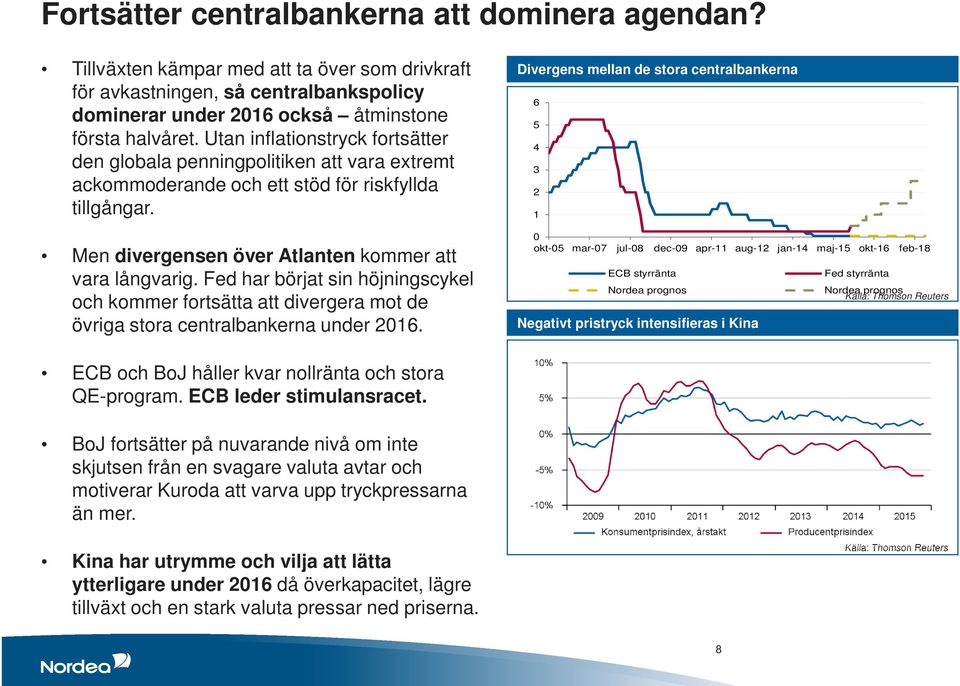 Fed har börjat sin höjningscykel och kommer fortsätta att divergera mot de övriga stora centralbankerna under 2016.