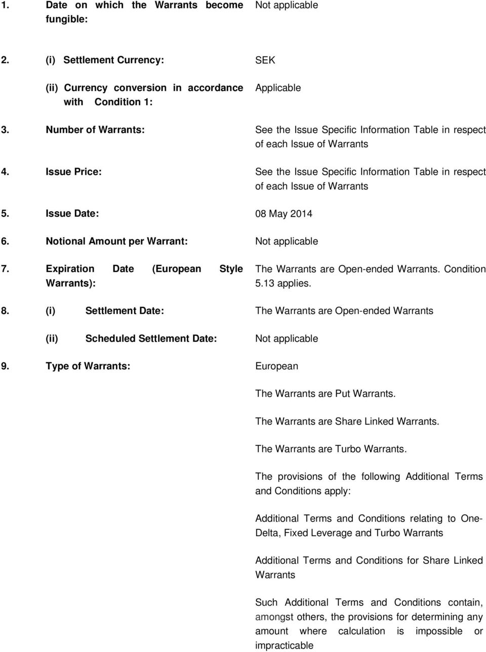 Issue Date: 08 May 2014 6. Notional Amount per Warrant: Not applicable 7. Expiration Date (European Style Warrants): The Warrants are Open-ended Warrants. Condition 5.13 applies. 8.