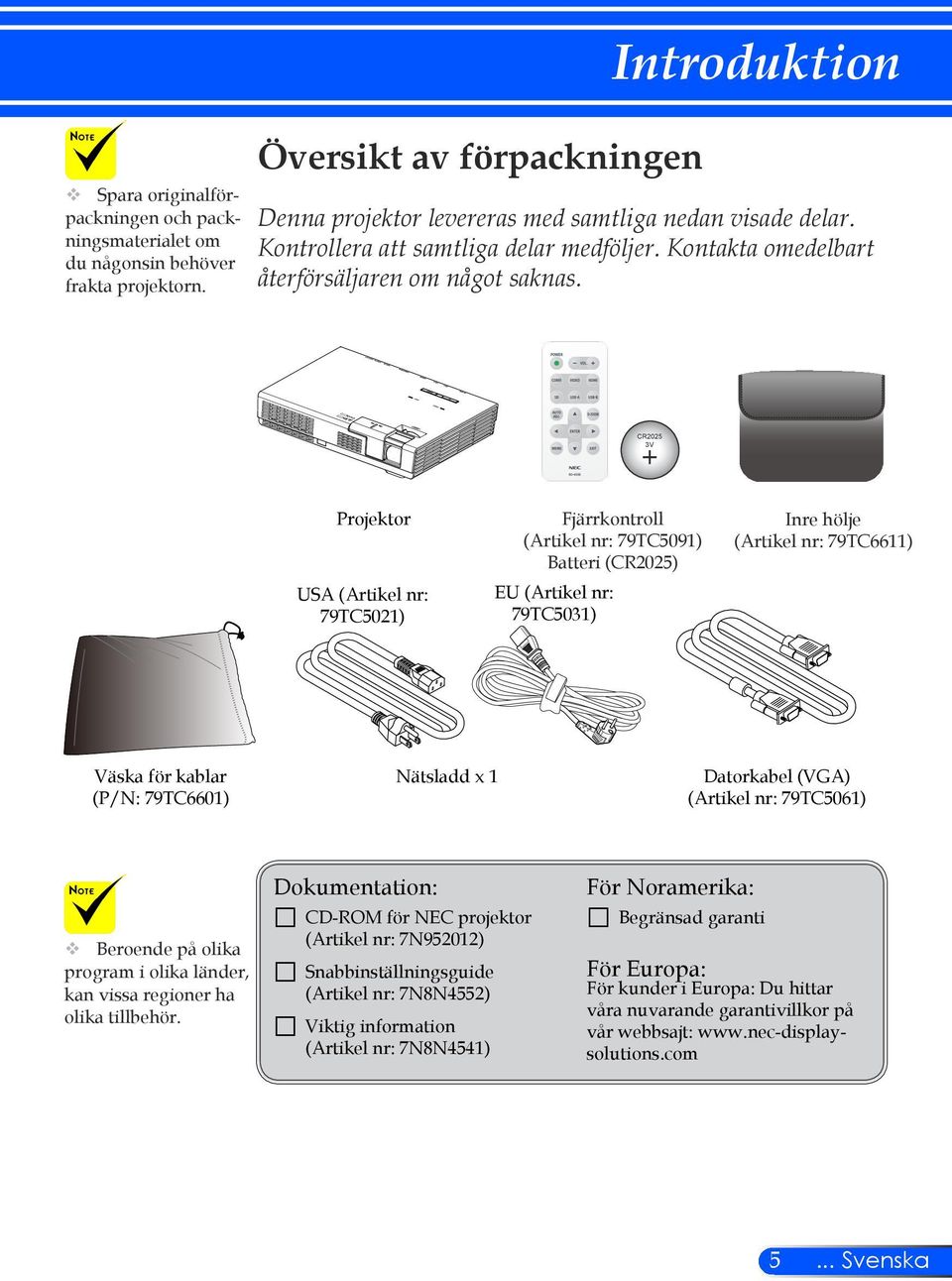 CR2025 3V Projektor USA (Artikel nr: 79TC5021) Fjärrkontroll (Artikel nr: 79TC5091) Batteri (CR2025) EU (Artikel nr: 79TC5031) Inre hölje (Artikel nr: 79TC6611) Väska för kablar (P/N: 79TC6601)