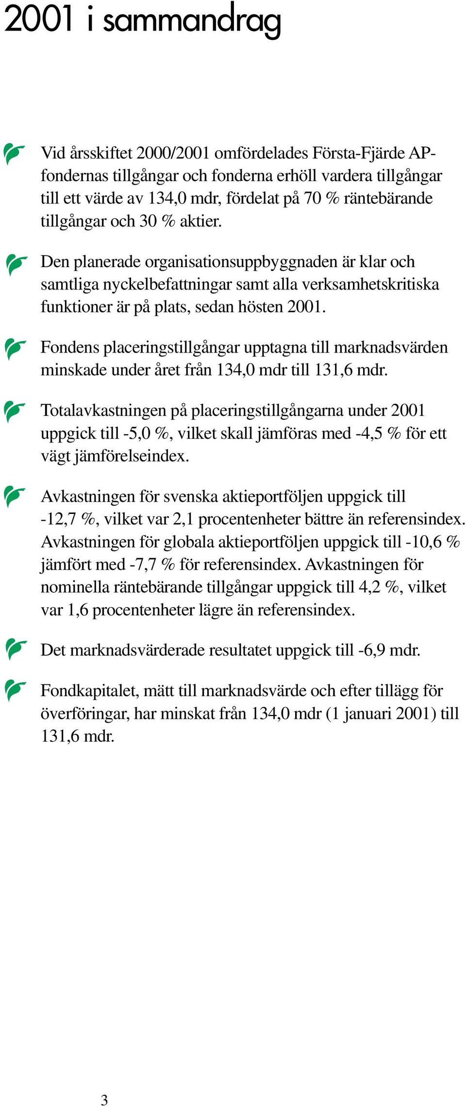 Fondens placeringstillgångar upptagna till marknadsvärden minskade under året från 134,0 mdr till 131,6 mdr.