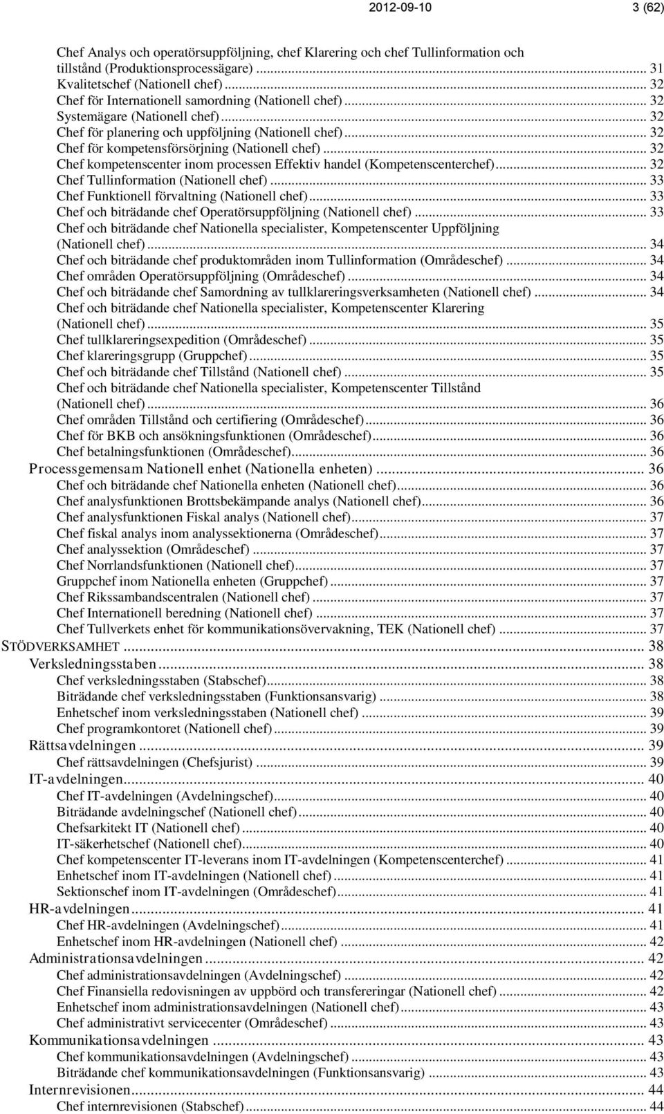 .. 32 Chef för kompetensförsörjning (Nationell chef)... 32 Chef kompetenscenter inom processen Effektiv handel (Kompetenscenterchef)... 32 Chef Tullinformation (Nationell chef).