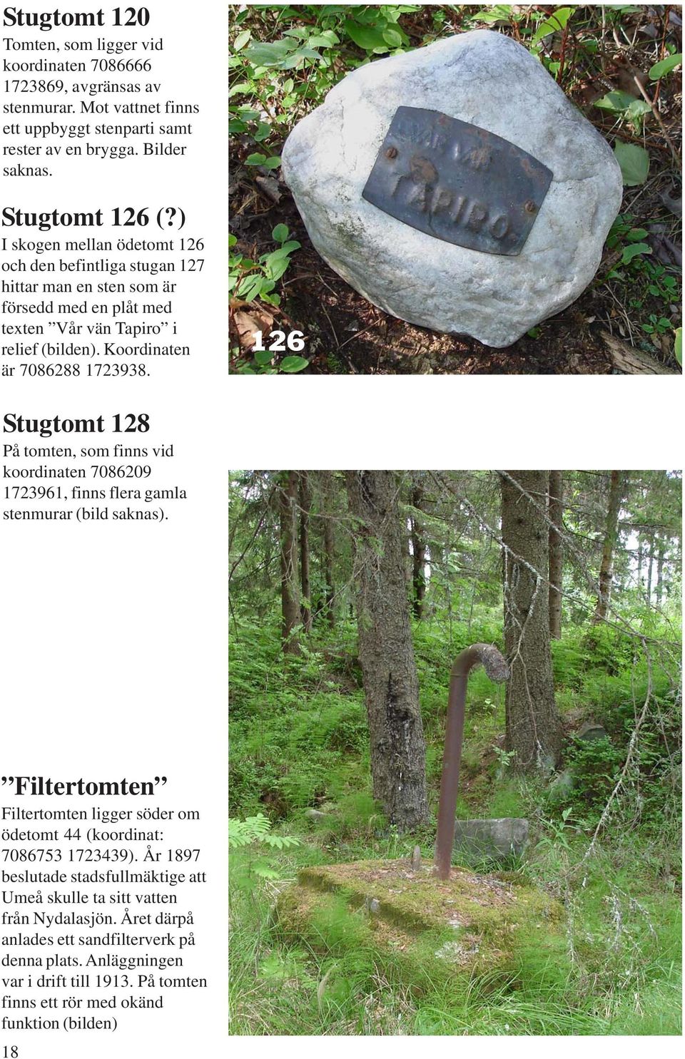 126 Stugtomt 128 På tomten, som finns vid koordinaten 7086209 1723961, finns flera gamla stenmurar (bild saknas). Filtertomten Filtertomten ligger söder om ödetomt 44 (koordinat: 7086753 1723439).