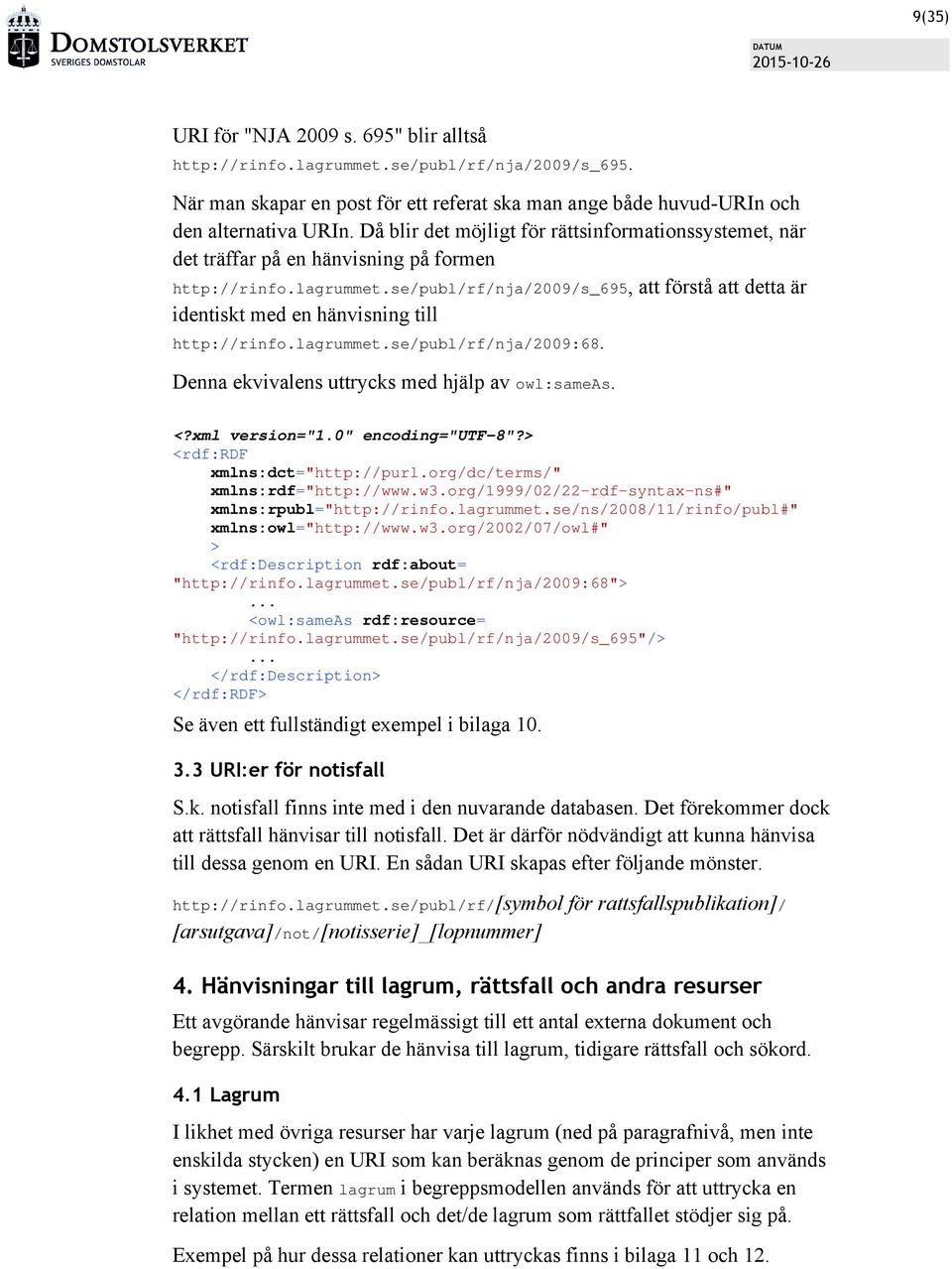 se/publ/rf/nja/2009/s_695, att förstå att detta är identiskt med en hänvisning till http://rinfo.lagrummet.se/publ/rf/nja/2009:68. Denna ekvivalens uttrycks med hjälp av owl:sameas. <?xml version="1.