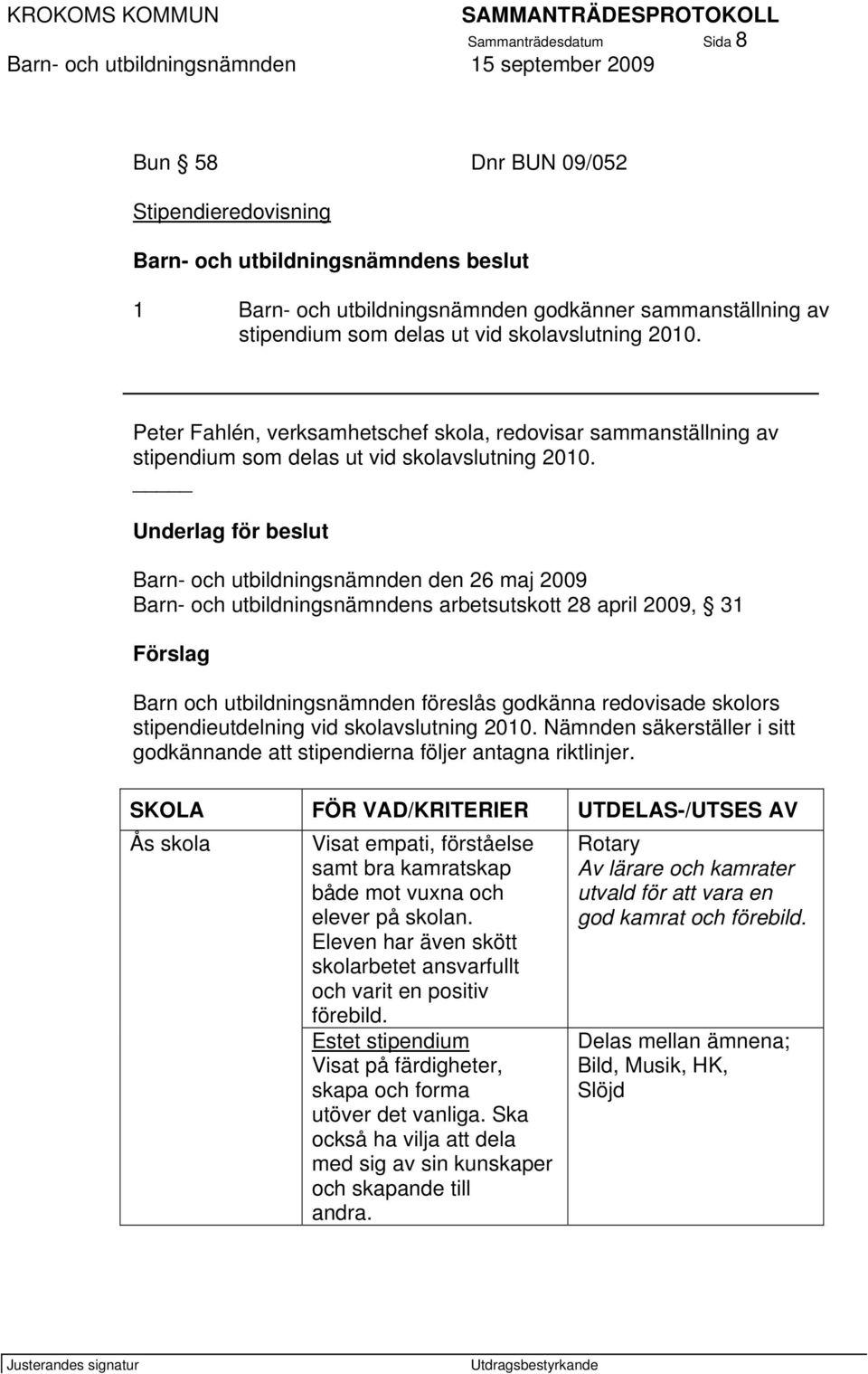 Underlag för beslut Barn- och utbildningsnämnden den 26 maj 2009 Barn- och utbildningsnämndens arbetsutskott 28 april 2009, 31 Förslag Barn och utbildningsnämnden föreslås godkänna redovisade skolors