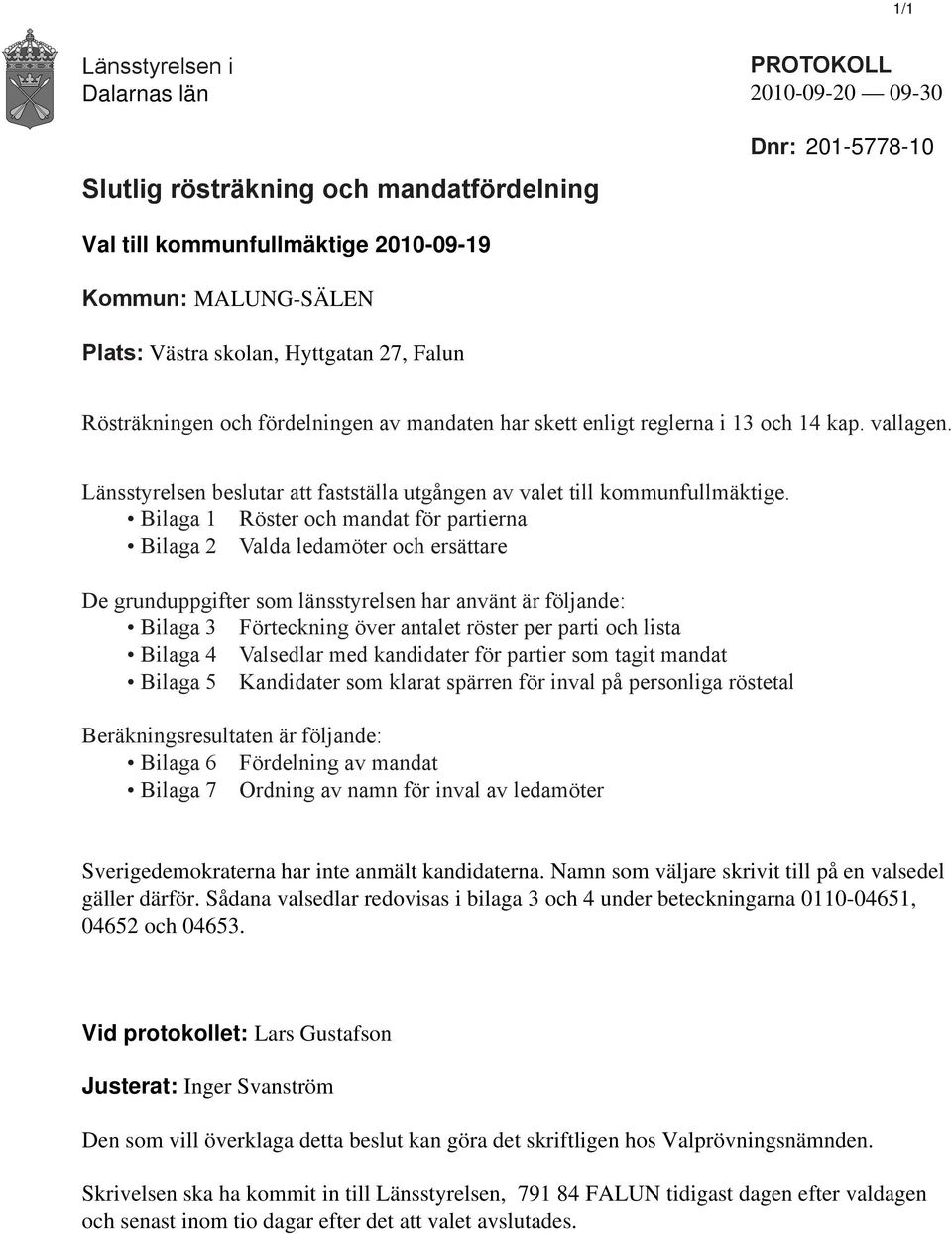 Bilaga 1 Röster och mandat för partierna Bilaga 2 Valda ledamöter och ersättare De grunduppgifter som länsstyrelsen har använt är följande: Bilaga 3 Förteckning över antalet röster per parti och