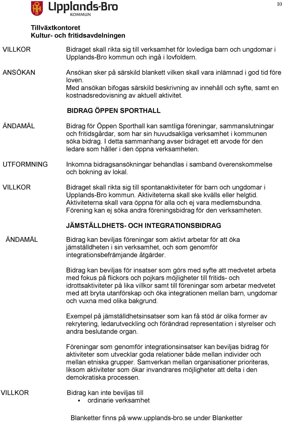 BIDRAG ÖPPEN SPORTHALL Bidrag för Öppen Sporthall kan samtliga föreningar, sammanslutningar och fritidsgårdar, som har sin huvudsakliga verksamhet i kommunen söka bidrag.