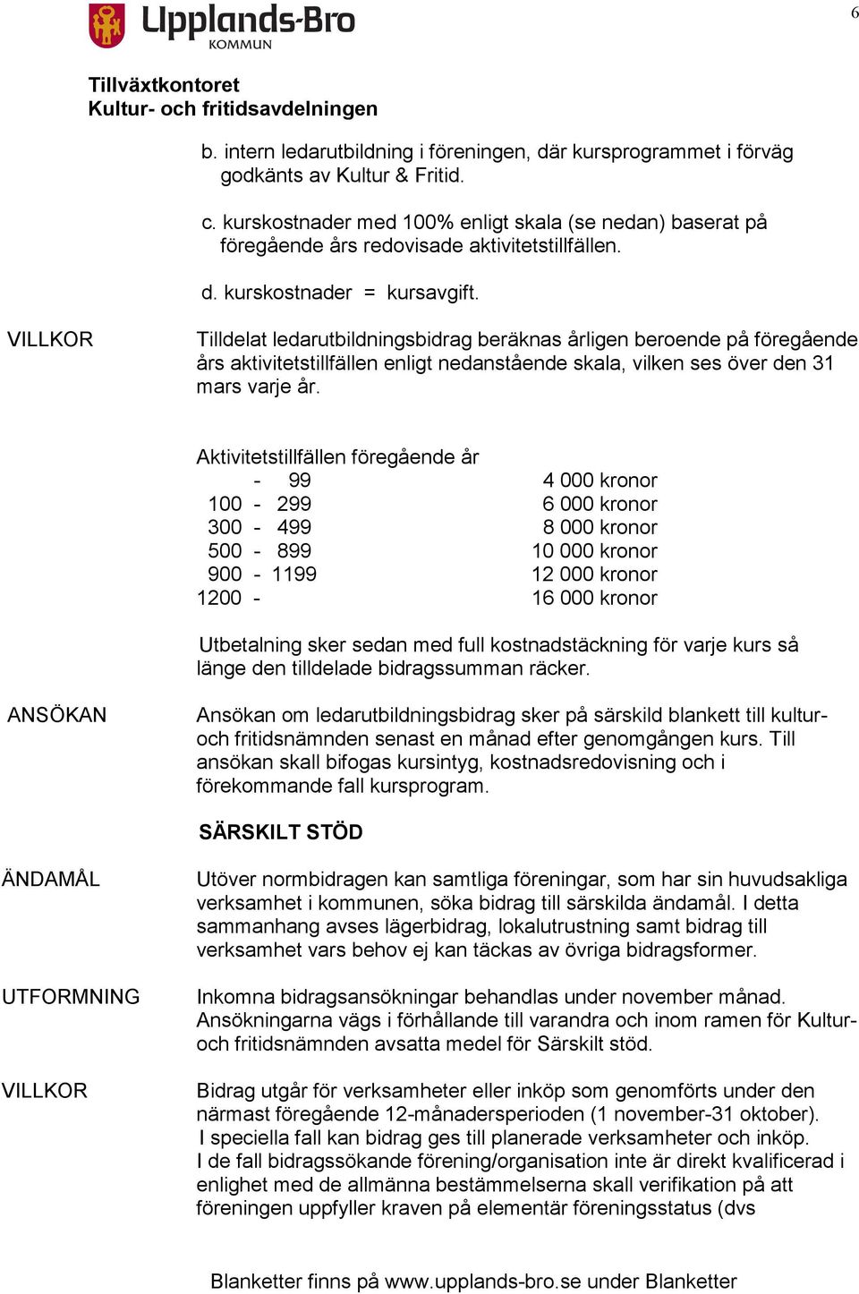 Tilldelat ledarutbildningsbidrag beräknas årligen beroende på föregående års aktivitetstillfällen enligt nedanstående skala, vilken ses över den 31 mars varje år.