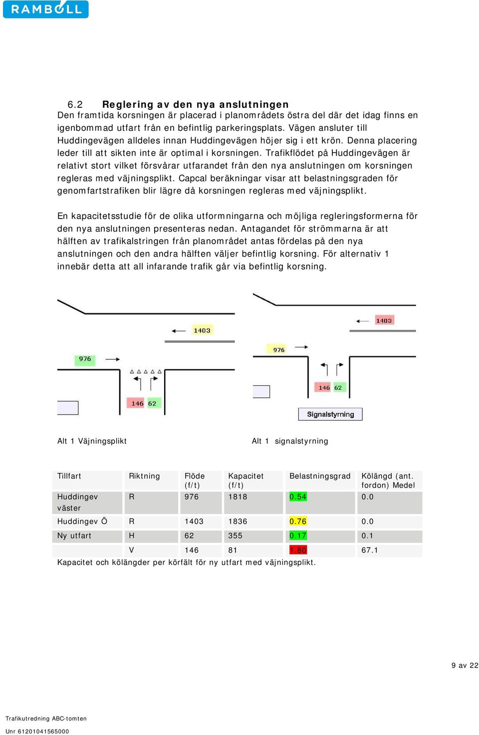 Trafikflödet på Huddingevägen är relativt stort vilket försvårar utfarandet från den nya anslutningen om korsningen regleras med väjningsplikt.