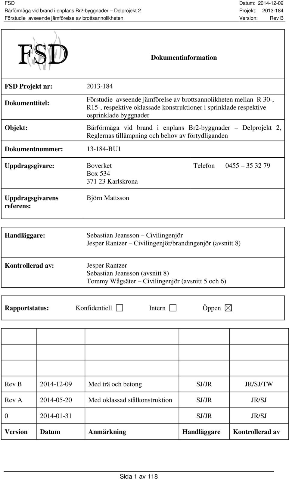 13-184-BU1 Boverket Box 534 371 23 Karlskrona Björn Mattsson Telefon 455 35 32 79 Handläggare: Sebastian Jeansson Civilingenjör Jesper Rantzer Civilingenjör/brandingenjör (avsnitt 8) Kontrollerad av: