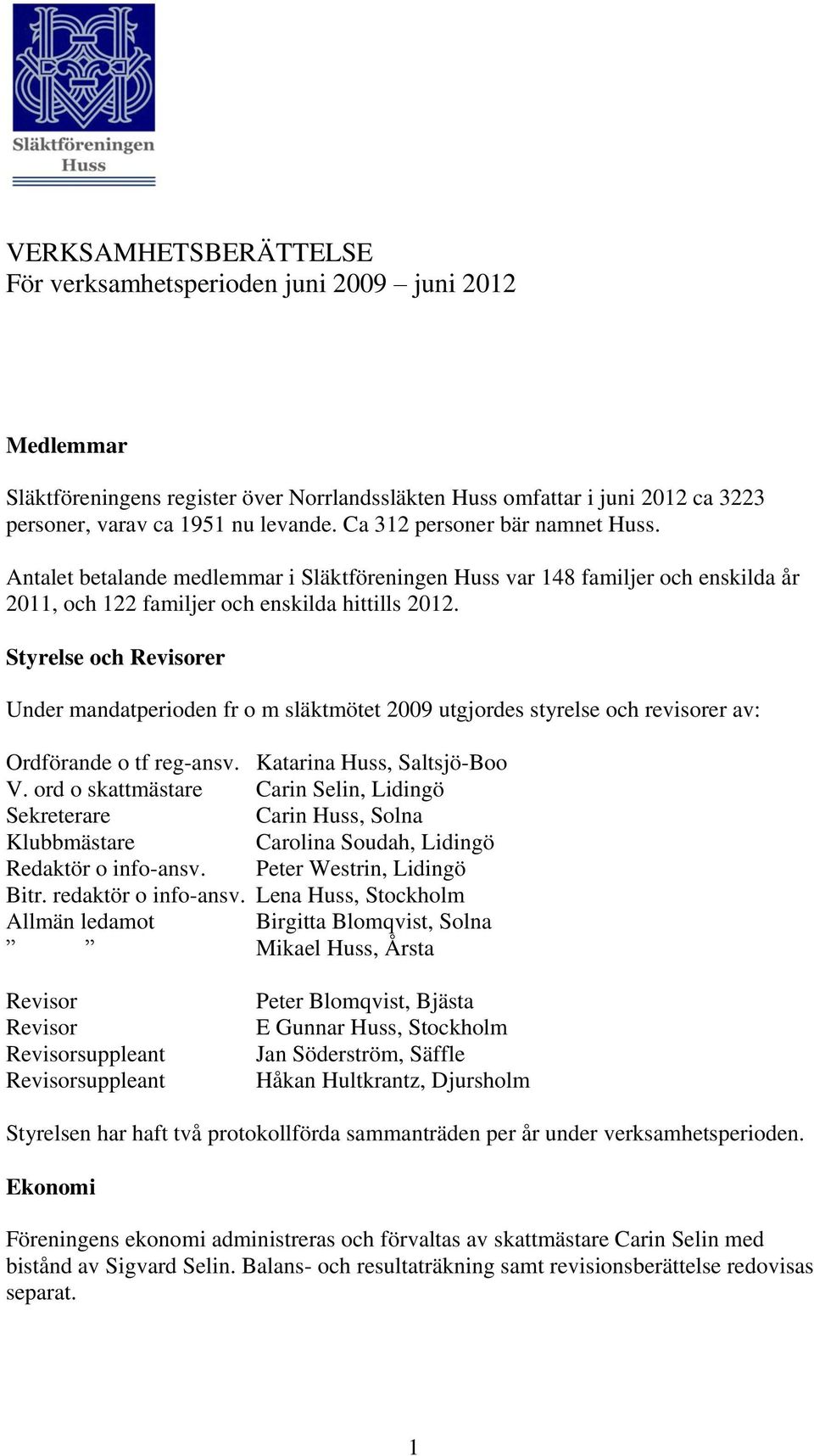 Styrelse och er Under mandatperioden fr o m släktmötet 2009 utgjordes styrelse och revisorer av: Ordförande o tf reg-ansv. Katarina Huss, Saltsjö-Boo V.