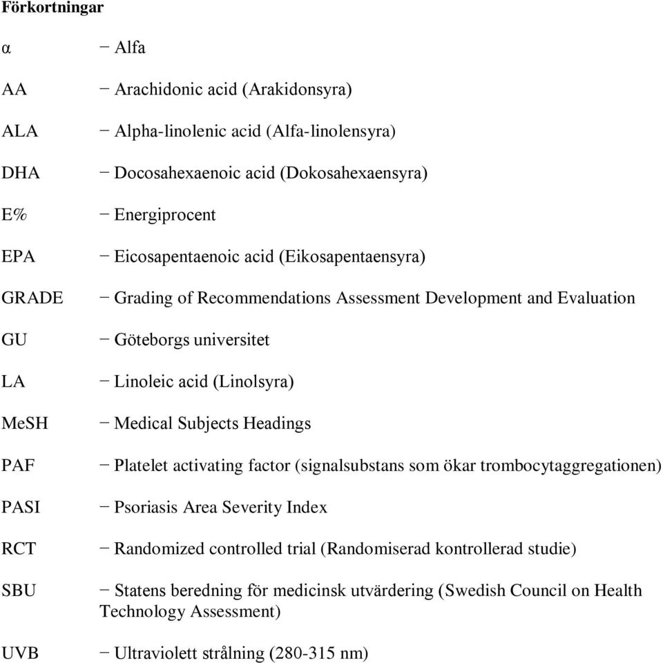 acid (Linolsyra) Medical Subjects Headings Platelet activating factor (signalsubstans som ökar trombocytaggregationen) Psoriasis Area Severity Index Randomized controlled