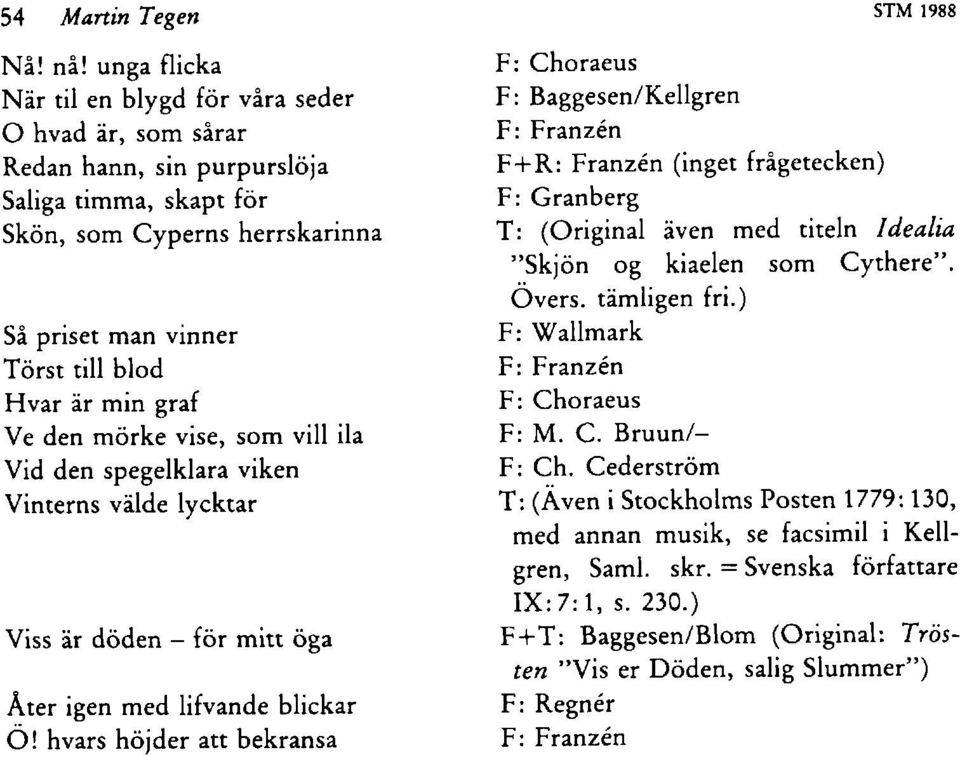 min graf Ve den mörke vise, som vill ila Vid den spegelklara viken Vinterns välde lycktar Viss är döden - för mitt öga Åter igen med lifvande blickar O!