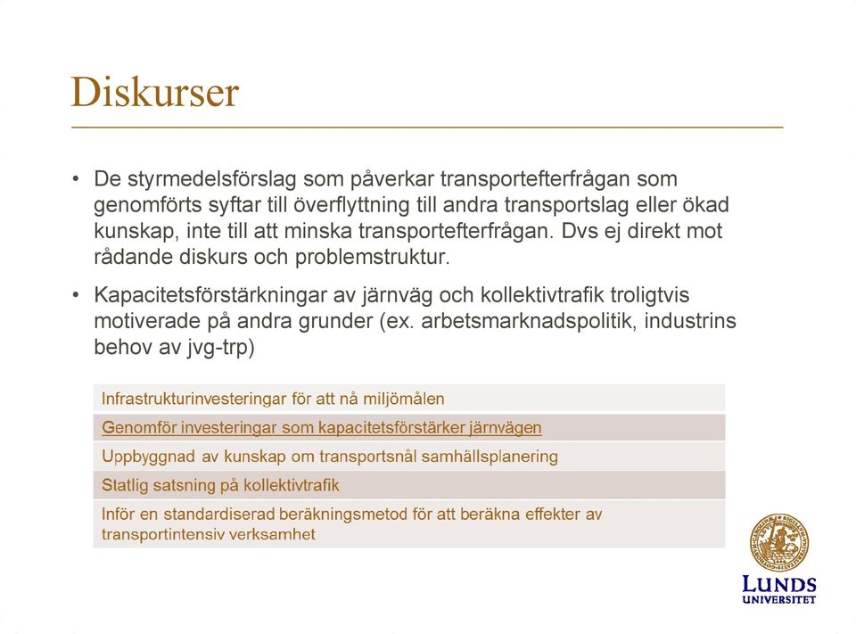 transportefterfrågan. Dvs ej direkt mot rådande diskurs och problemstruktur.
