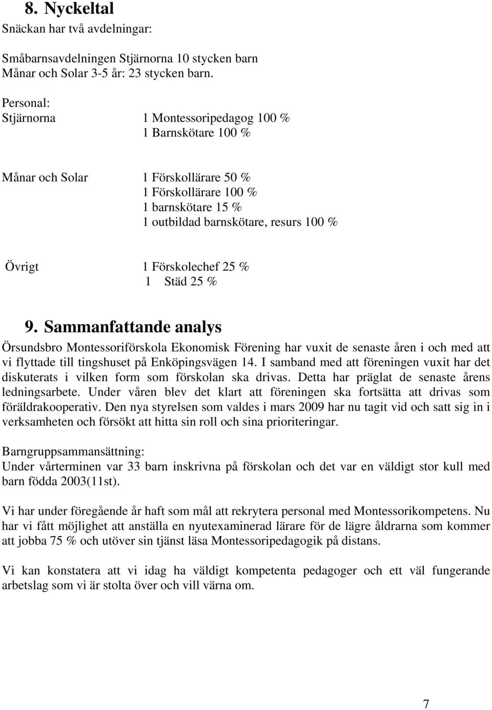 Förskolechef 25 % 1 Städ 25 % 9. Sammanfattande analys Örsundsbro Montessoriförskola Ekonomisk Förening har vuxit de senaste åren i och med att vi flyttade till tingshuset på Enköpingsvägen 14.