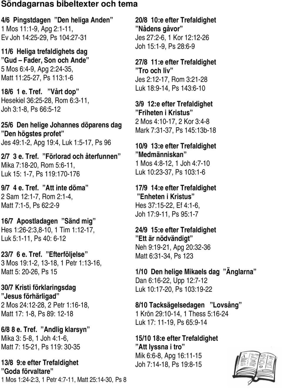 Vårt dop Hesekiel 36:25-28, Rom 6:3-11, Joh 3:1-8, Ps 66:5-12 25/6 Den helige Johannes döparens dag Den högstes profet Jes 49:1-2, Apg 19:4, Luk 1:5-17, Ps 96 2/7 3 e. Tref.