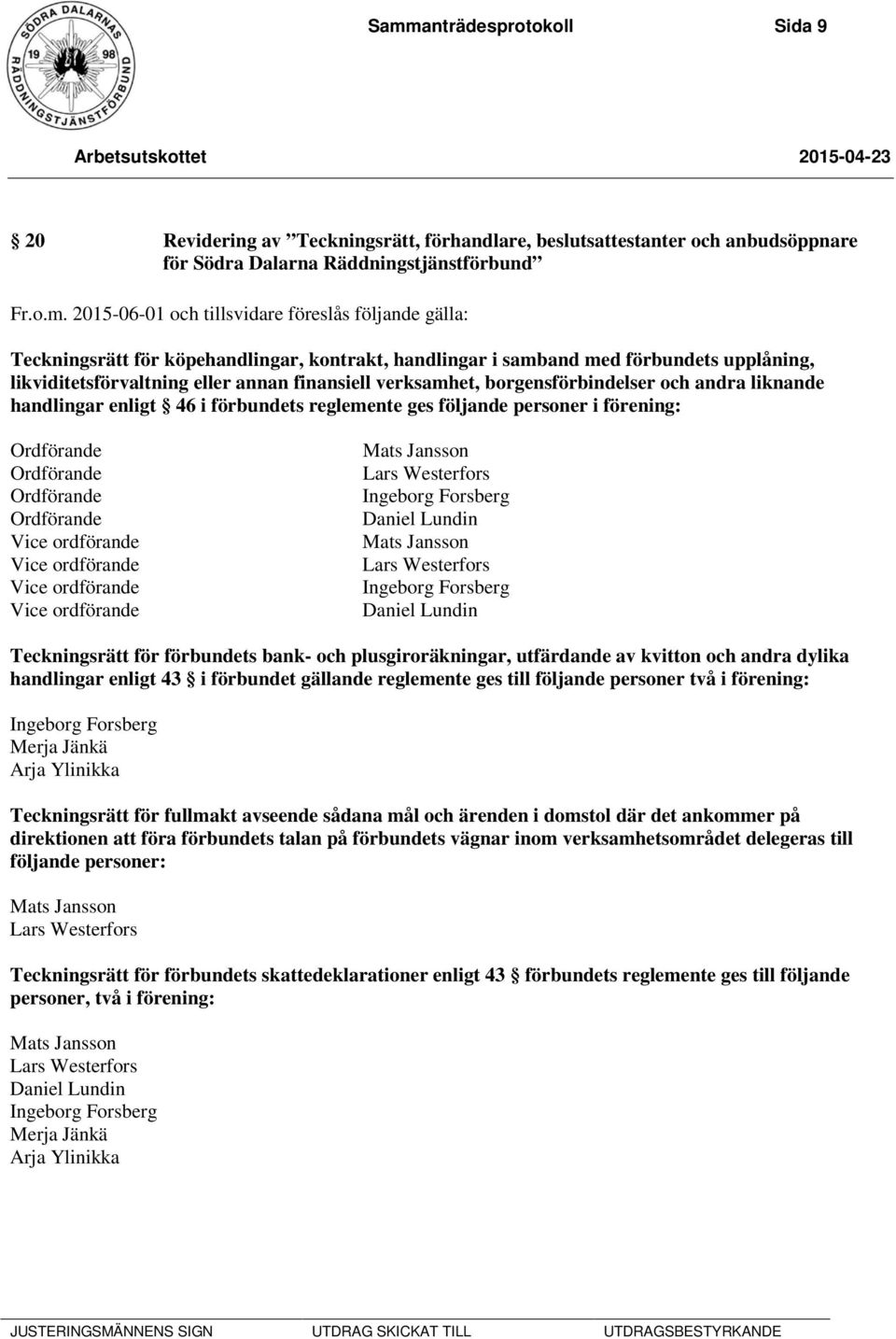 liknande handlingar enligt 46 i förbundets reglemente ges följande personer i förening: Ordförande Ordförande Ordförande Ordförande Vice ordförande Vice ordförande Vice ordförande Vice ordförande