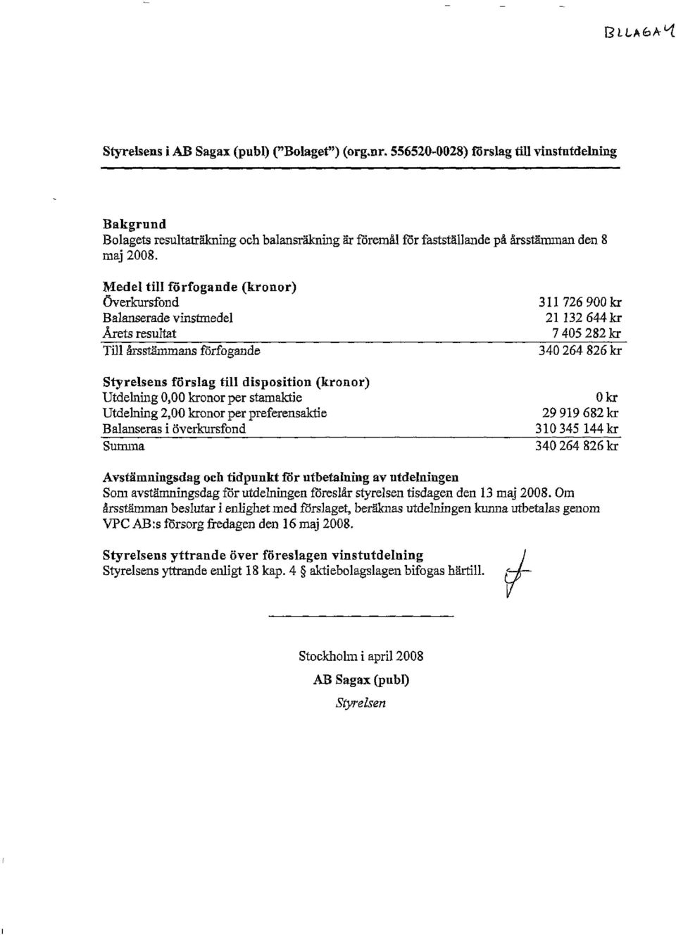 Medel till förfogande (kronor) Överkursfond Balanserade vinstmedel Årets resultat 311 726 900 kr 21 132 644 kr 7 405 282 kr Till årsstämmans förfogande 340 264 826 lo- Styrelsens förslag till