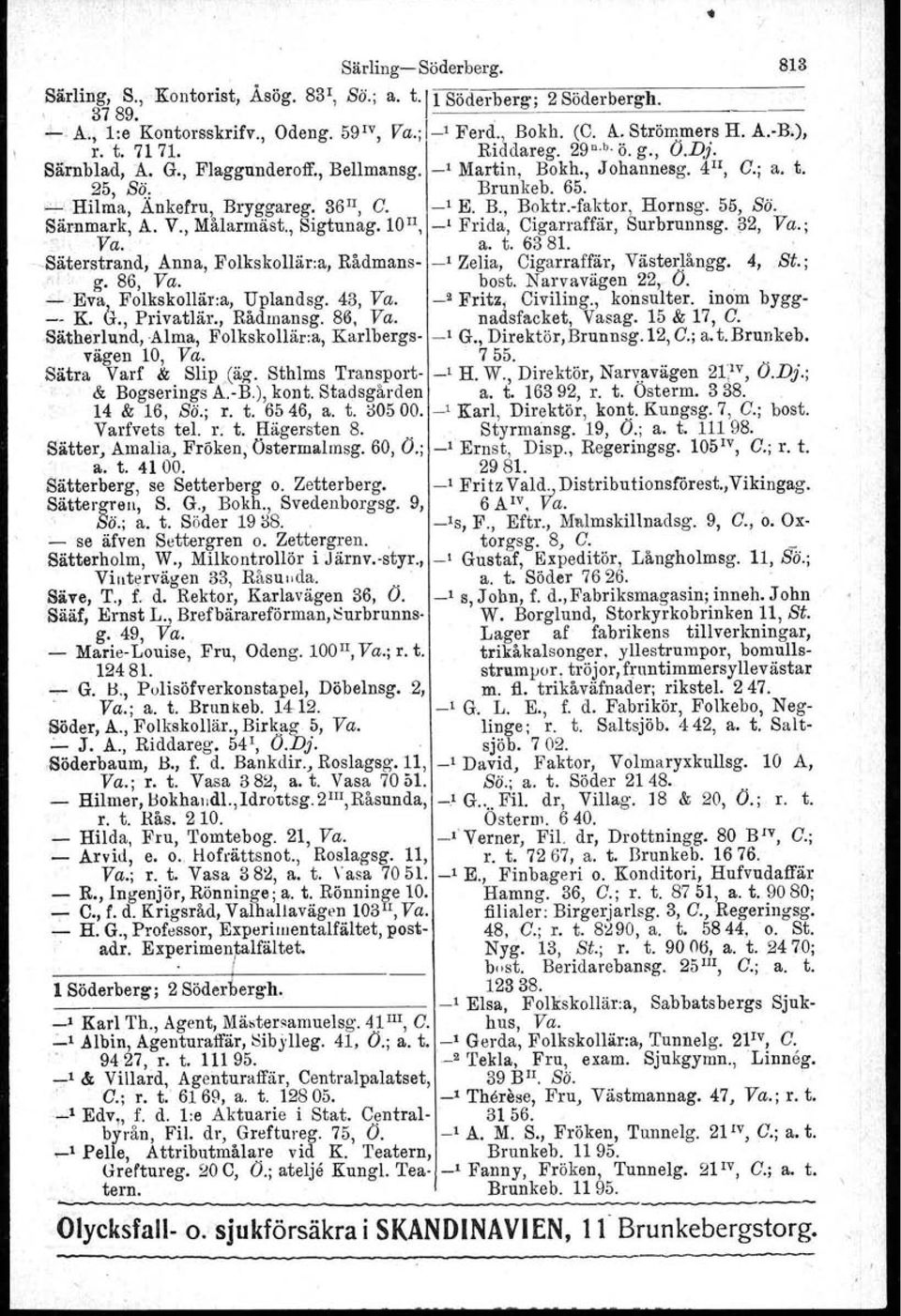 faktor, Hornsg. 55, Sä. Särnmark, A. V., Målarmäst., Sigtunag.10", _1 Frida, Cigarraffär, Surbrunnsgv Bä, Va.;, Va. a. t. 6381. Säteretrand, Anna, Folkskollär:a, Rådmans _, Zelia, Cigarraffär.