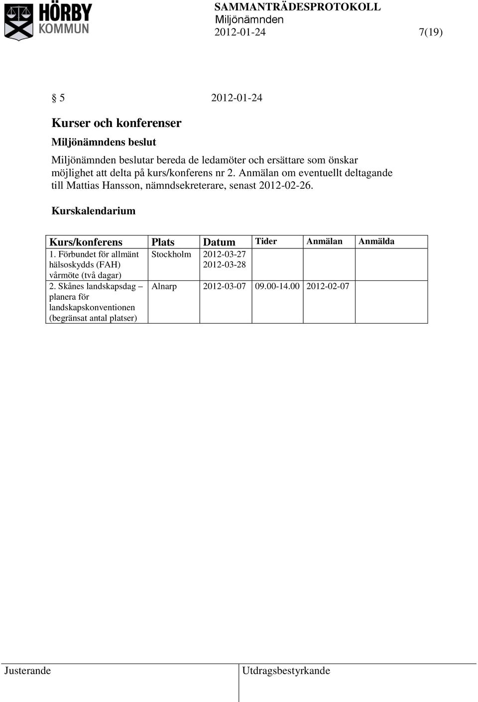 Kurskalendarium Kurs/konferens Plats Datum Tider Anmälan Anmälda 1. Förbundet för allmänt hälsoskydds (FAH) vårmöte (två dagar) 2.