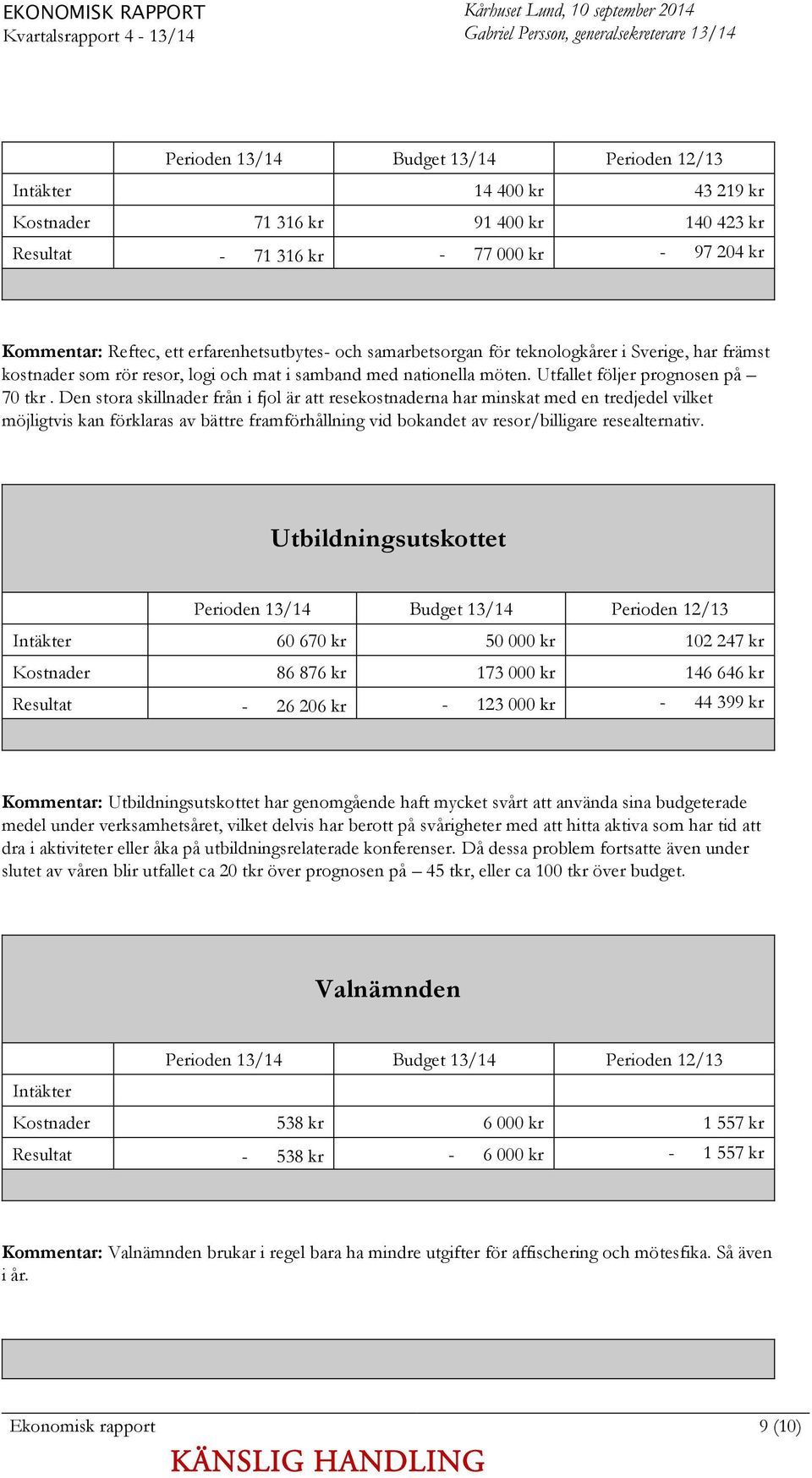 resor, logi och mat i samband med nationella möten. Utfallet följer prognosen på 70 tkr.