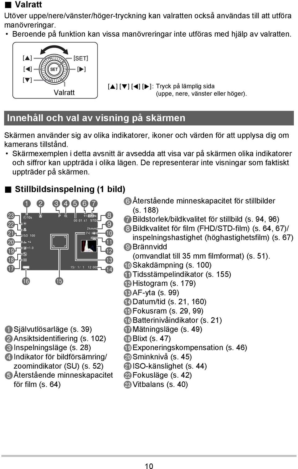 Innehåll och val av visning på skärmen Skärmen använder sig av olika indikatorer, ikoner och värden för att upplysa dig om kamerans tillstånd.