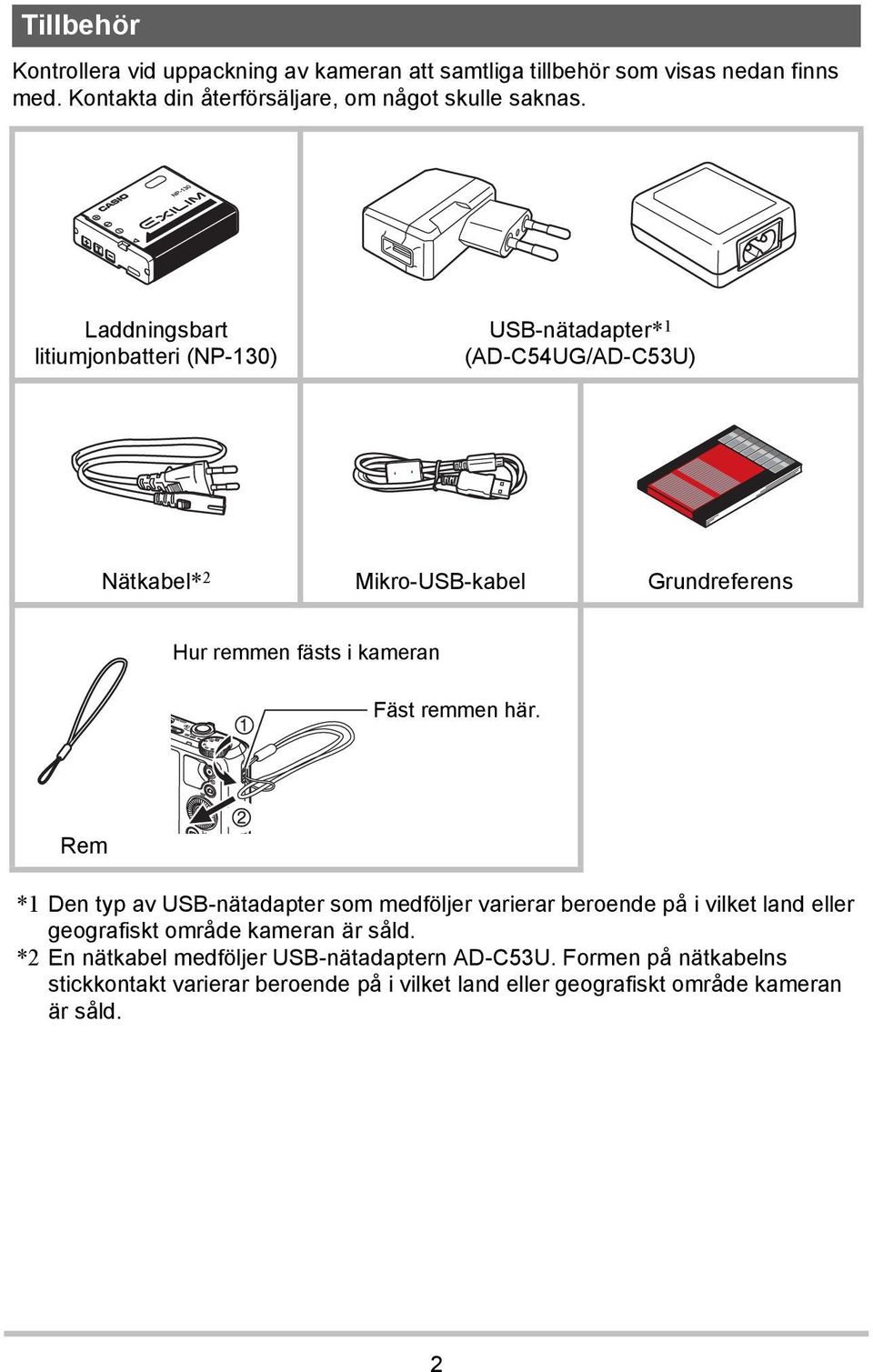 Fäst remmen här. Rem *1 Den typ av USB-nätadapter som medföljer varierar beroende på i vilket land eller geografiskt område kameran är såld.