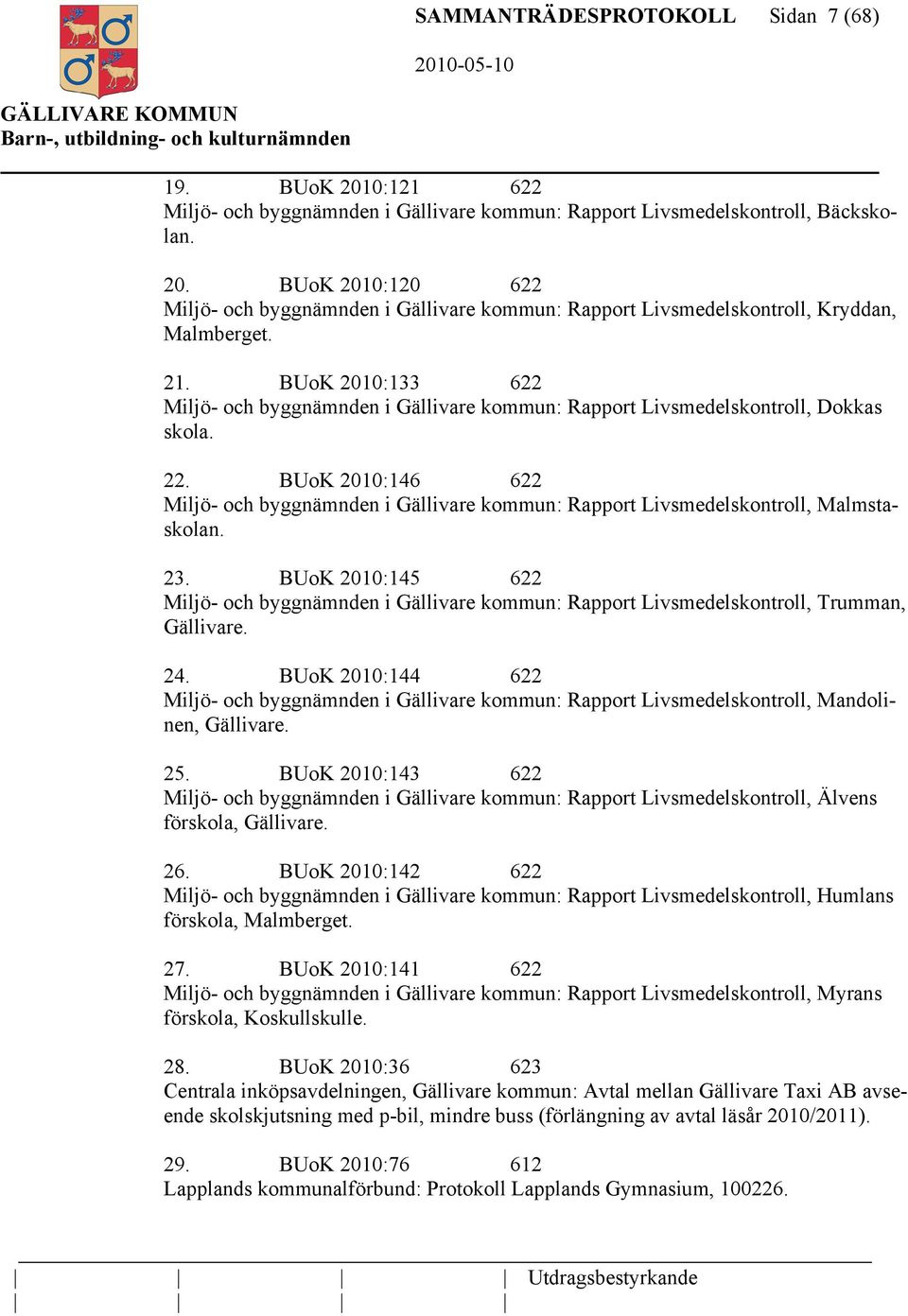 BUoK 2010:146 622 Miljö- och byggnämnden i Gällivare kommun: Rapport Livsmedelskontroll, Malmstaskolan. 23.