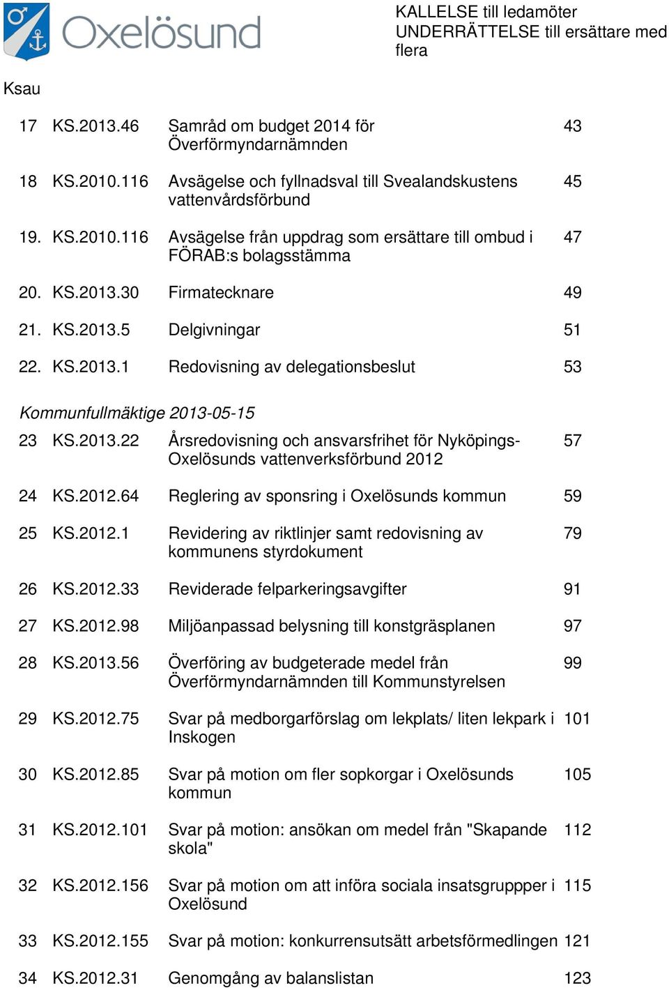 30 Firmatecknare 49 21. KS.2013.5 Delgivningar 51 22. KS.2013.1 Redovisning av delegationsbeslut 53 Kommunfullmäktige 2013-05-15 23 KS.2013.22 Årsredovisning och ansvarsfrihet för Nyköpings- Oxelösunds vattenverksförbund 2012 57 24 KS.