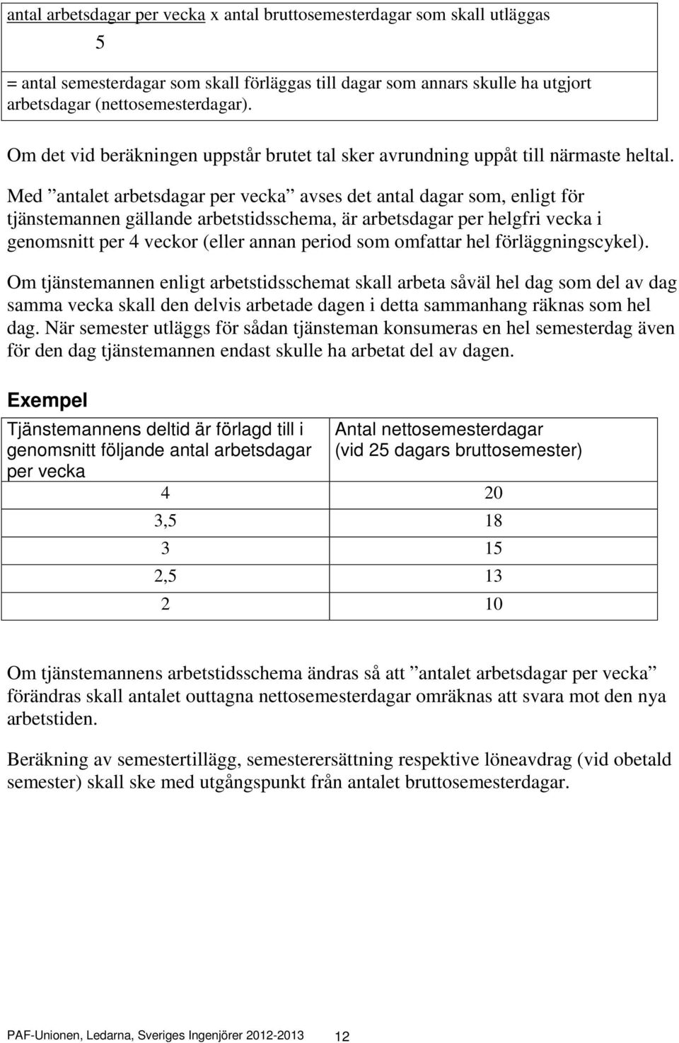 Med antalet arbetsdagar per vecka avses det antal dagar som, enligt för tjänstemannen gällande arbetstidsschema, är arbetsdagar per helgfri vecka i genomsnitt per 4 veckor (eller annan period som