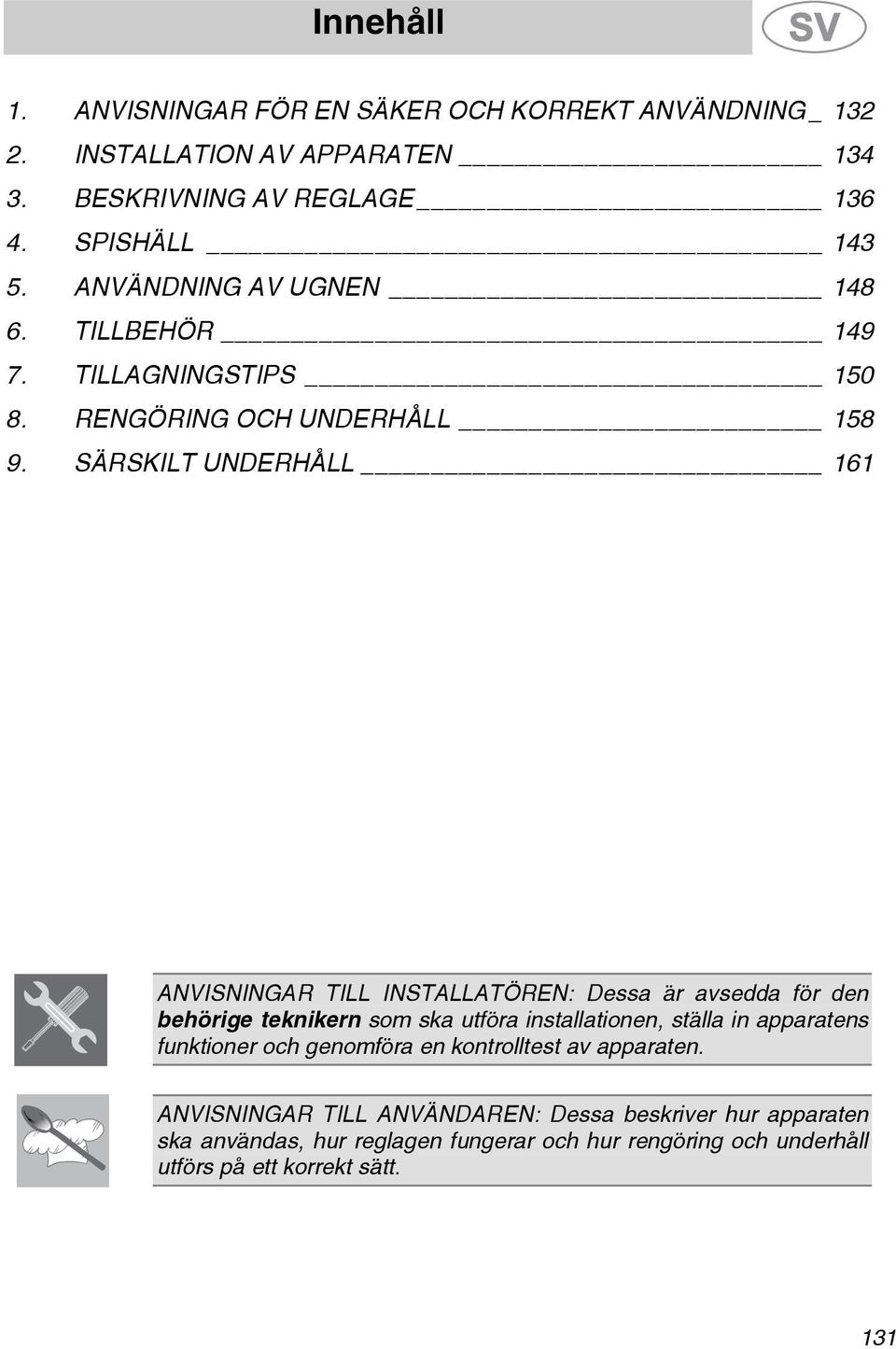 SÄRSKILT UNDERHÅLL 161 ANVISNINGAR TILL INSTALLATÖREN: Dessa är avsedda för den behörige teknikern som ska utföra installationen, ställa in apparatens