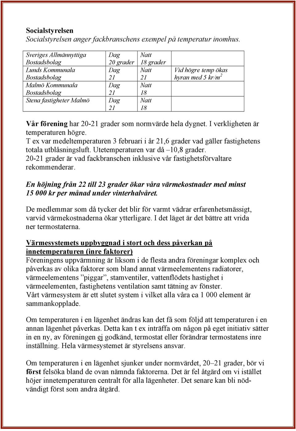 hyran med 5 kr/m 2 Vår förening har 20- grader som normvärde hela dygnet. I verkligheten är temperaturen högre.