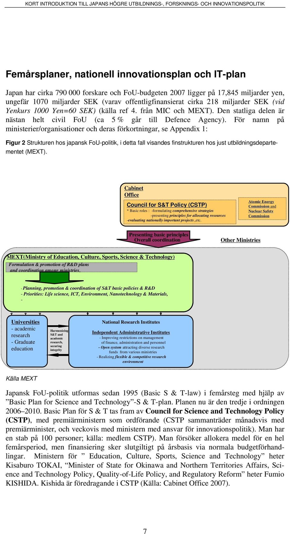 För namn på ministerier/organisationer och deras förkortningar, se Appendix 1: Figur 2 Strukturen hos japansk FoU-politik, i detta fall visandes finstrukturen hos just utbildningsdepartementet (MEXT).