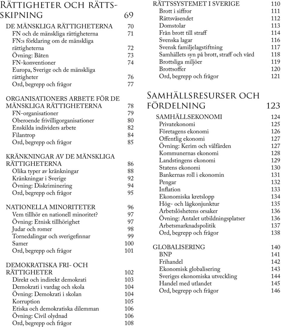 individers arbete 82 Filantrop 84 Ord, begrepp och frågor 85 KRÄNKNINGAR AV DE MÄNSKLIGA RÄTTIGHETERNA 86 Olika typer av kränkningar 88 Kränkningar i Sverige 92 Övning: Diskriminering 94 Ord, begrepp