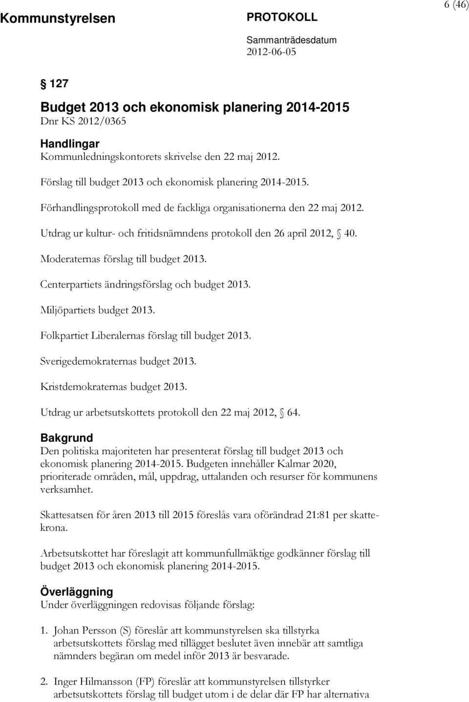 Centerpartiets ändringsförslag och budget 2013. Miljöpartiets budget 2013. Folkpartiet Liberalernas förslag till budget 2013. Sverigedemokraternas budget 2013. Kristdemokraternas budget 2013.