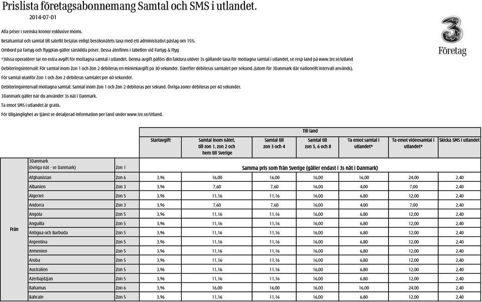 Dessa återfinns i tabellen vid Fartyg & Flyg *)Vissa operatörer tar en extra avgift för mottagna samtal i utlandet.