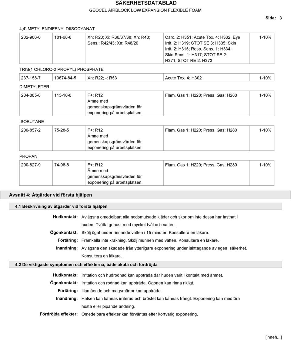 4: H302 1-10% DIMETYLETER 204-065-8 115-10-6 F+: R12 Ämne med gemenskapsgränsvärden för exponering på arbetsplatsen. Flam. Gas 1: H220; Press.