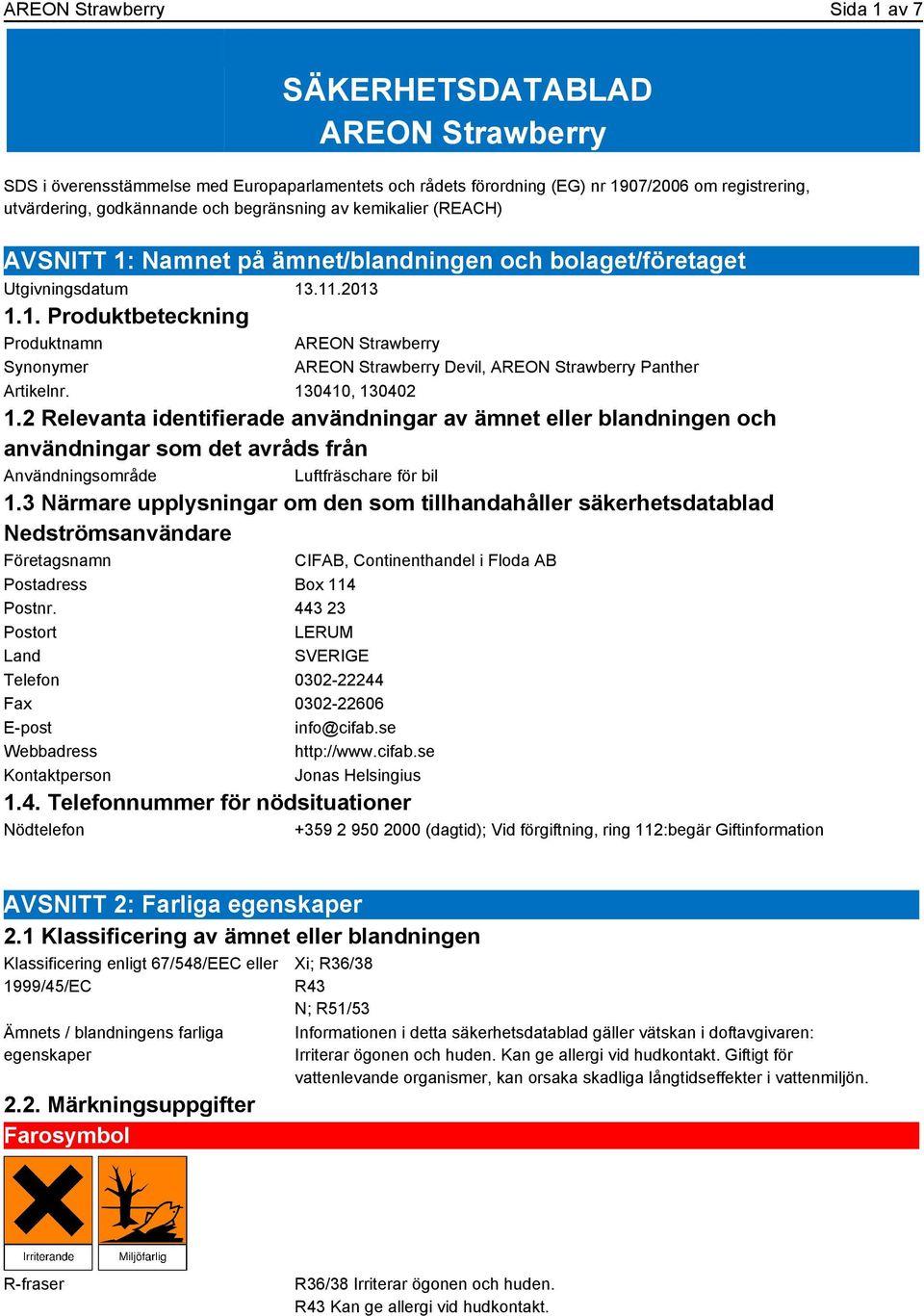 130410, 130402 1.2 Relevanta identifierade användningar av ämnet eller blandningen och användningar som det avråds från Användningsområde Luftfräschare för bil 1.