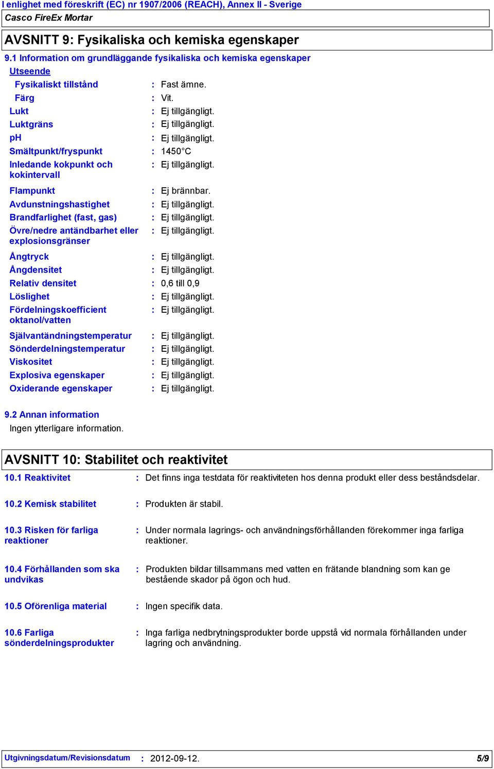 1450 C Flampunkt Avdunstningshastighet Brandfarlighet (fast, gas) Övre/nedre antändbarhet eller explosionsgränser Ej brännbar.