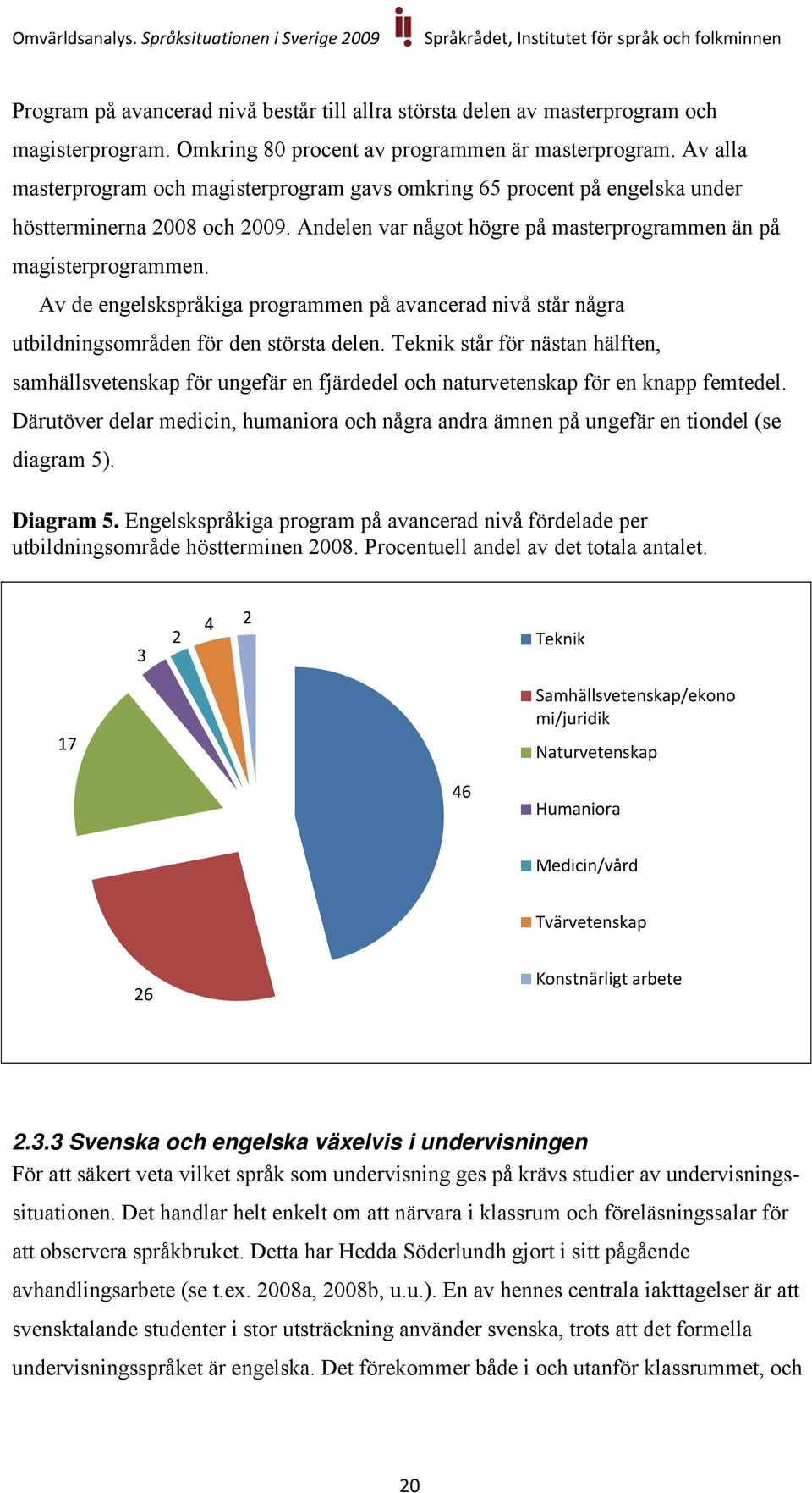 Av de engelskspråkiga programmen på avancerad nivå står några utbildningsområden för den största delen.