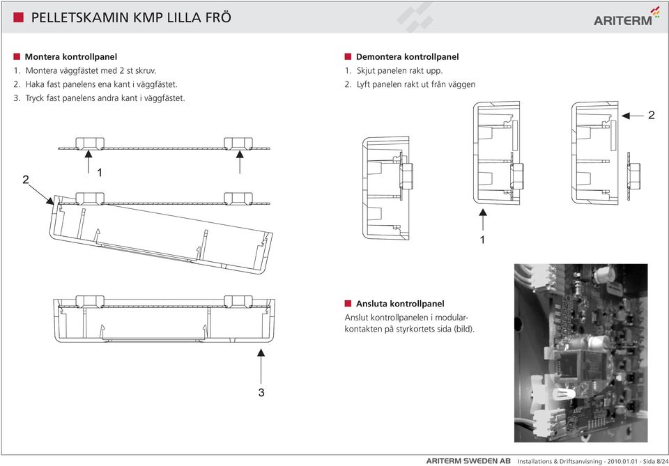 Lyft panelen rakt ut från väggen 2 2 1 1 Ansluta kontrollpanel Anslut kontrollpanelen i